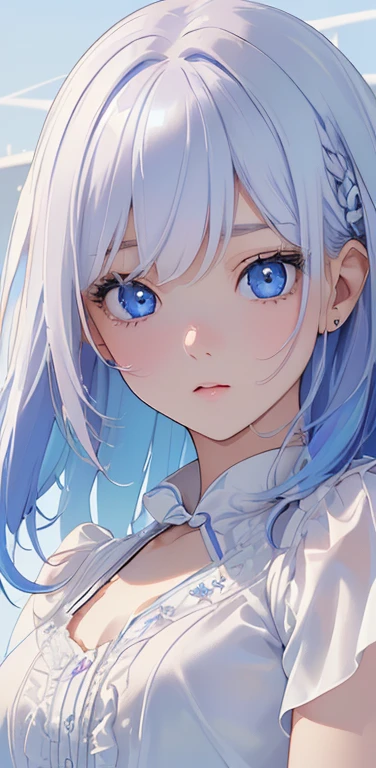 (8K、highest quality、masterpiece:1.2)、Super detailed、super resolution、Realistic、1girl、(two-color hair, white:1.5)、blue eyes、(eye focus:1.3,face focus:1.3,upper body:1.5),(gradient eyes:1.3),(blouse:1.3)、(clear face:1.3),cute face,small breasts,portrait,
