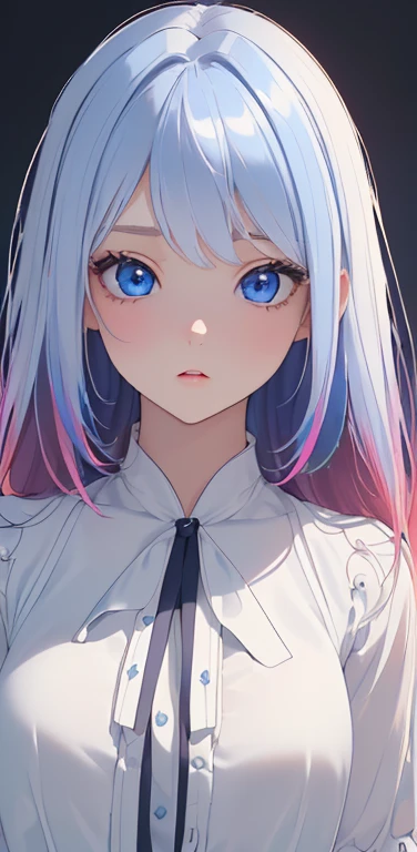 (8K、highest quality、masterpiece:1.2)、Super detailed、super resolution、Realistic、1girl、(two-color hair, white:1.5)、blue eyes、(eye focus:1.3,face focus:1.3,upper body:1.5),(gradient eyes:1.3),(blouse:1.3)、(clear face:1.3),cute face,small breasts,portrait,
