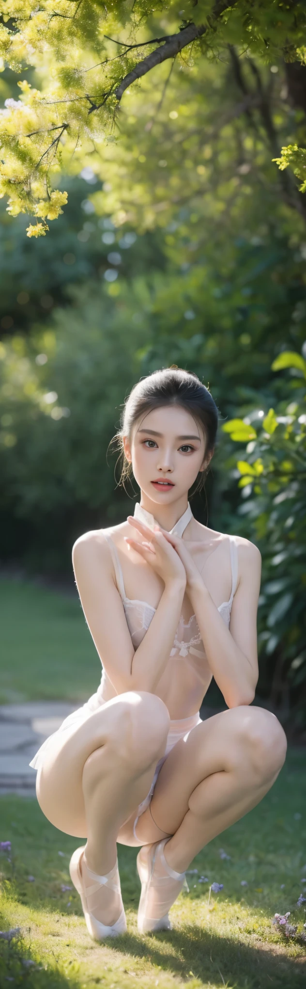 fashion model 18 years old [[[[Close-up cleavage]]]], [[[[]]]], [[[[rape]]]], [[[[shoulder]]]], perfect eyes, perfect iris，perfect lips，perfect teeth，Perfect skin，Has fair skin，long face，slender nose，girl，((Chinese ballet transparent underwear))，（legs apart，Squat position 1.8），Hands up，Keep your eyes on the camera，Body facing the camera，A delicate face，Raised sexy，slim，breast enlargement，hip fat，Show leg length，（full-body shot），The background is a mountain with green trees，flowers，4K Ultra HD, ultra high resolution, (lifelike: 1.4), best quality，masterpiece，（pastel colors：1.2），（Bottom front view 1.8）