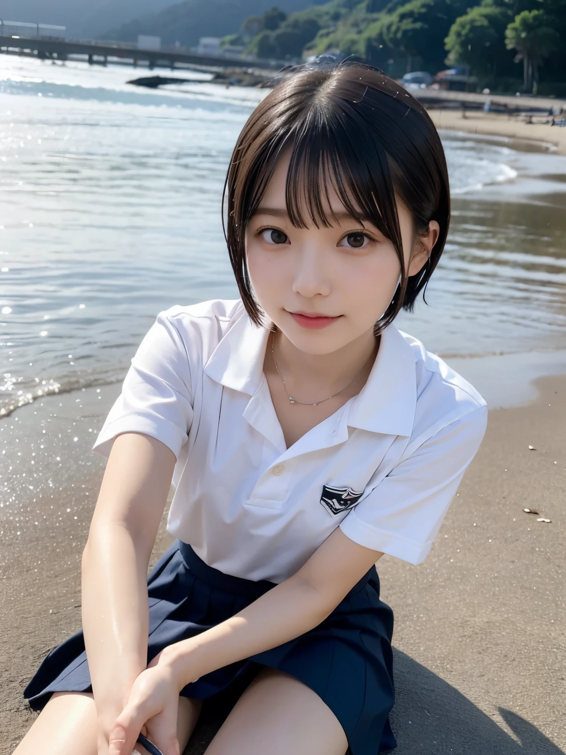 Best quality,raw photo  , 19 years old Japanese female idol, from above ,
selfie,lying on Ground ,school uniform ,Short hair, bowl cut ,cute face  ,edgy,droop ,murky water , overflowing  ,wet ,selfie, on the beach, rain,night, 