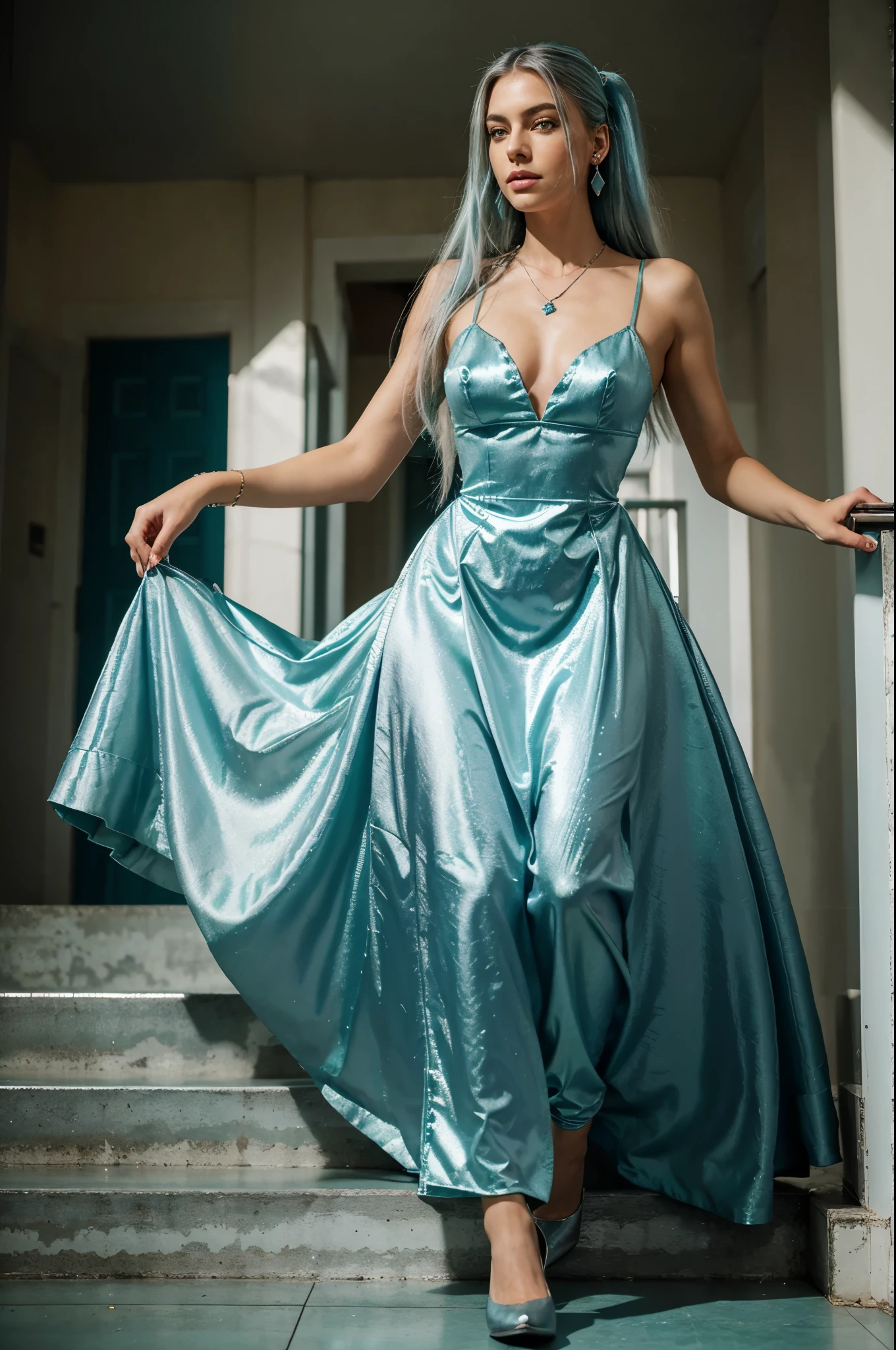 (teal green eyes), untied bright shiny silver hair, glossy hair, tall, (teal green irises) straight silver long shiny hair without pigtails or pony tails. a long royal midieval dark blue princess wedding dress. wearing heels. No jewellery pieces except a golden necklace, left hand wearing a ring on the ring finger, earrings. Walking down the stairs with the dress dragging on the floor. Right hand on the railing. An expression of mere sympathy and satisfaction. 