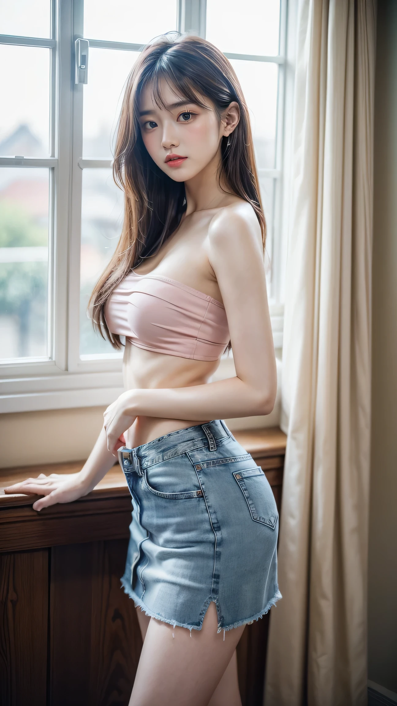 1 girl,20 years old, Height 170 cm、body coordination、Well proportioned body、stand by the window,bright backlight, alone,Dark brown hair,natural drape, Exquisite facial features, This is a blunt bang that perfectly shapes your face, beautiful korean girl, eyes are very bright, smile very happily 、(She wears a delicate pink tube top:1.3)、 (She is wearing an exquisite ultra-short low-waisted denim skirt:1.3)、Navel exposed、perfect waist、E cup、Deep V-shaped cleavage,Wear exquisite earrings,(Skin texture is extremely delicate1.3), (Perfect details: 1.1),Looks a lot like actor Kim Hee Sun,Put your hands behind your back,a sexy pose,long legs,lens:Canon RF 85mm f/1.2L,Flat viewangle,Highly detailed face and skin textures, Natural and soft light, Ultimate light and shadow,masterpiece, best quality, Natural light, super detailed,film grain, ultra high resolution, 8k wallpaper, perfect composition,
