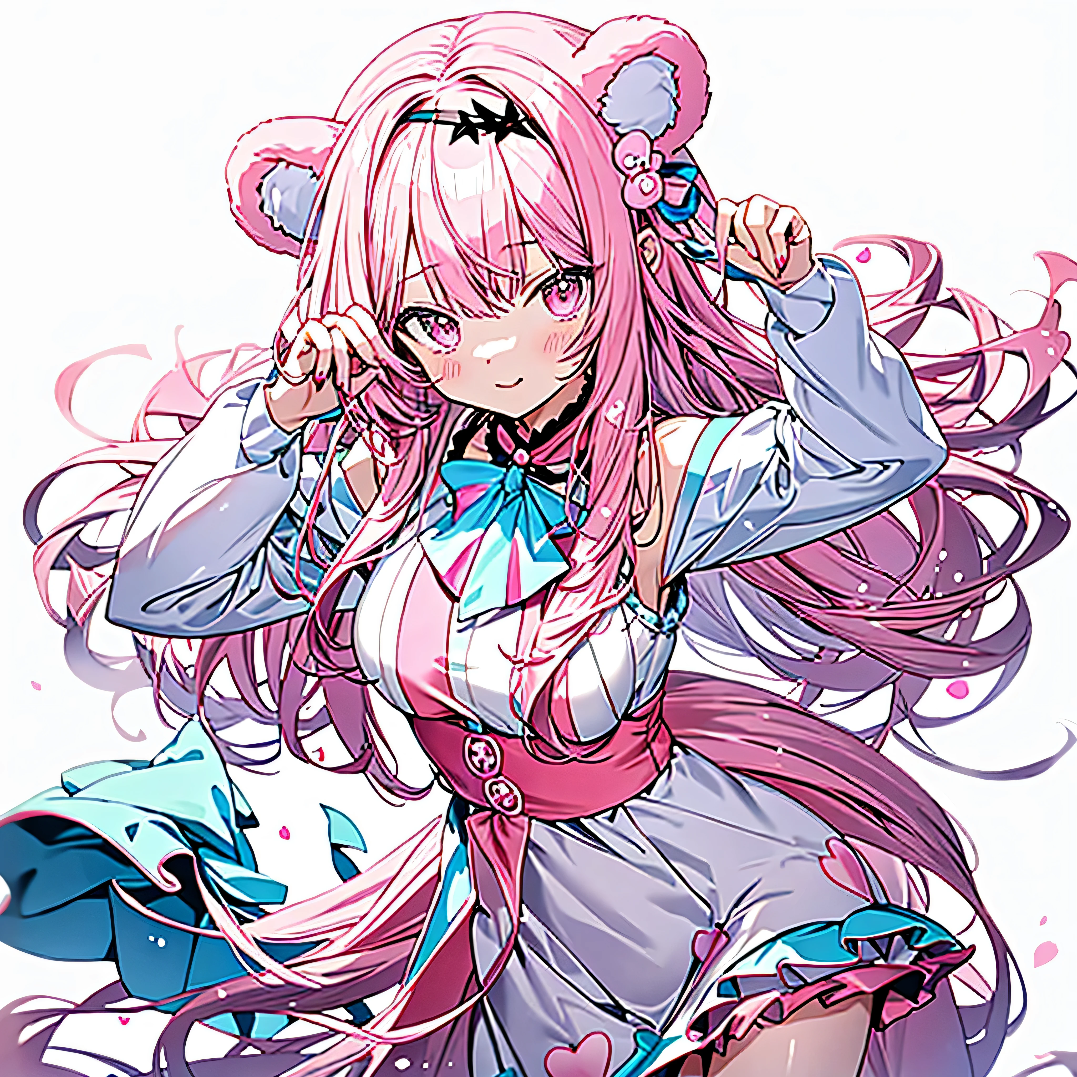 bear ears,pink long hair,,anime character,beautiful girl,pink bear,magic,