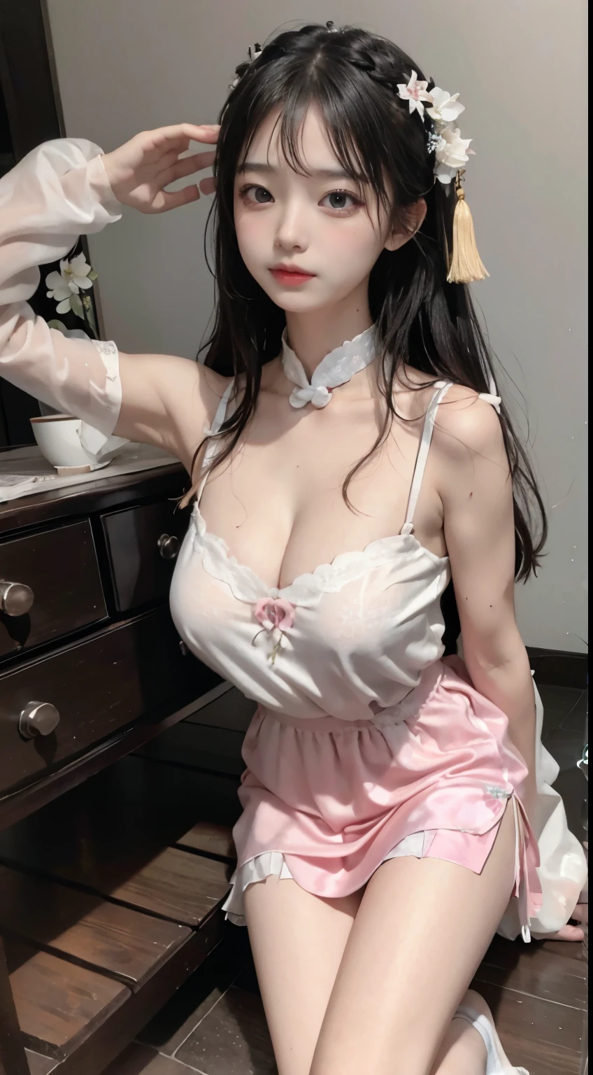 Master quality, highest quality, best picture quality, exaggerated details, a princess cute 10year old asian with a shy expression, slightly squinted eyes, adjusting her hair, long eyelashes (long hair / very, very exaggerated big breasts, big tits / in pink white pentticoat, qipao dress, short skirt), posing in front of the camera, wet breast see under wear, slim and tall waist, silk lace, hanfu open cloth chinese, wet body cloth thin, chiffon fabric thin cloth
