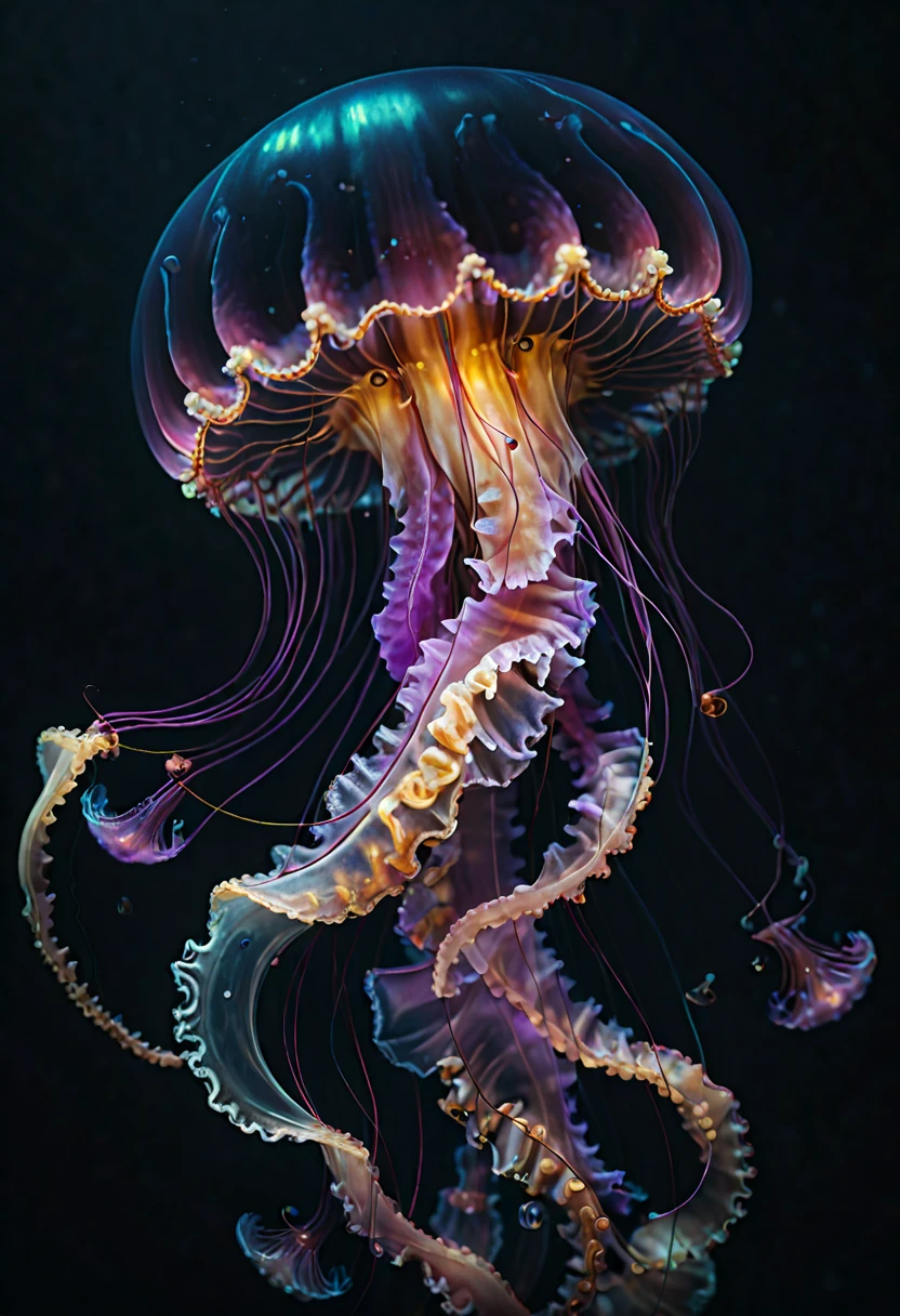 Jellyfish, Capture the ethereal dance of light and shadow in a stunning monochromatic photograph with selective color details, revealing the hidden poetry of Bioluminescence, undersea, (realistic, photorealistic, RAWphoto:1.2), octane render, (best quality, masterpiece, Representative work, official art, Professional, Ultra intricate detailed, 8k:1.3)