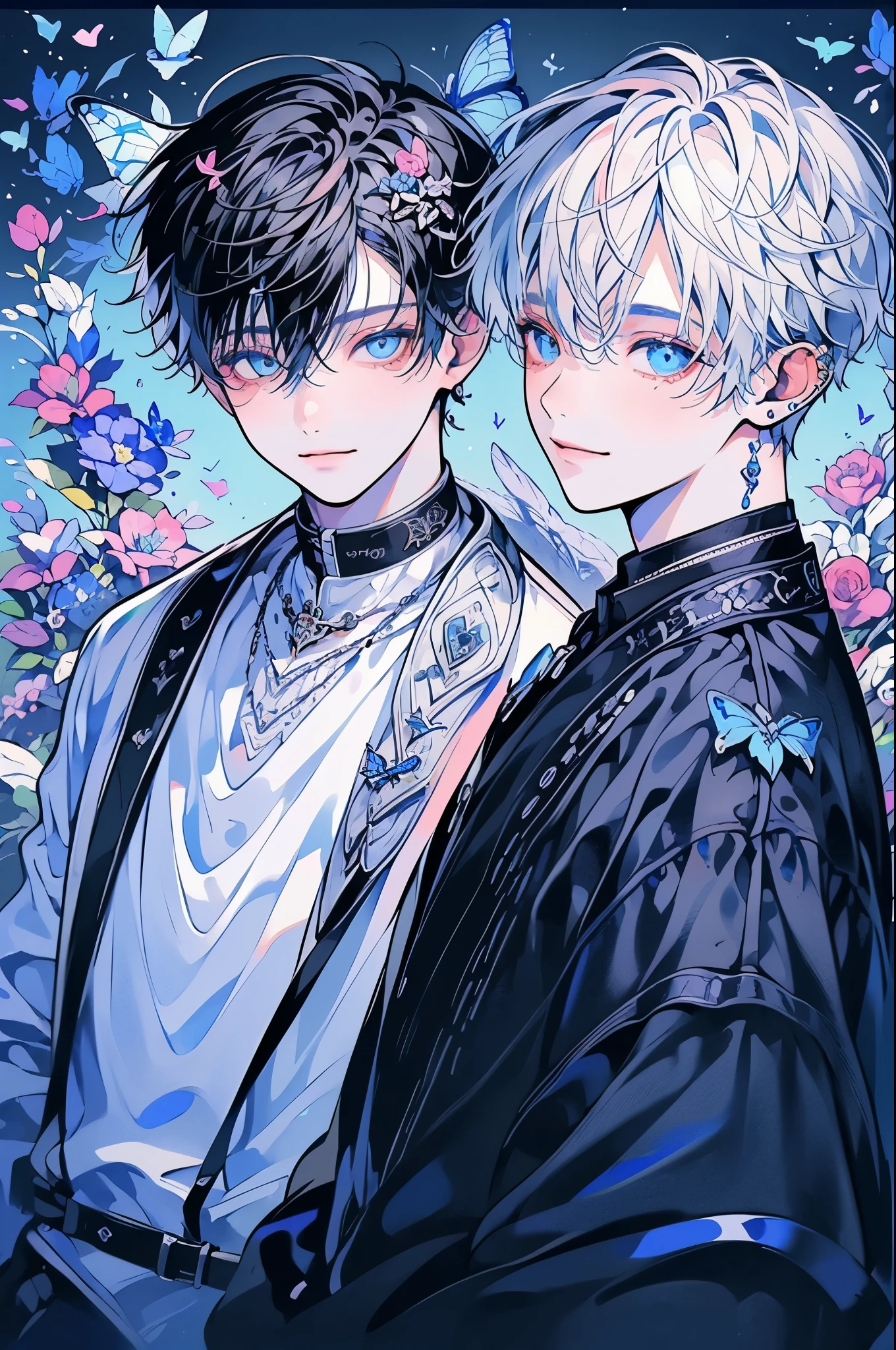 (muste piece), (highest quality), very detailed, (two boys:1.4), concentrated,perfect face, beautiful face, very detailed顔,(blue eyes:1.3),flower,butterfly々,flowerびら,Light,(smile:1.3),(black haired boy:1.4),(white haired boy:1.4)