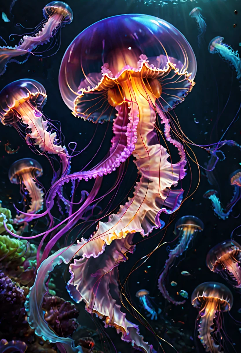 Jellyfish, Capture the ethereal dance of light and shadow in a stunning monochromatic photograph with selective color details, revealing the hidden poetry of Bioluminescence, undersea, (realistic, photorealistic, RAWphoto:1.2), octane render, (best quality, masterpiece, Representative work, official art, Professional, Ultra intricate detailed, 8k:1.3)