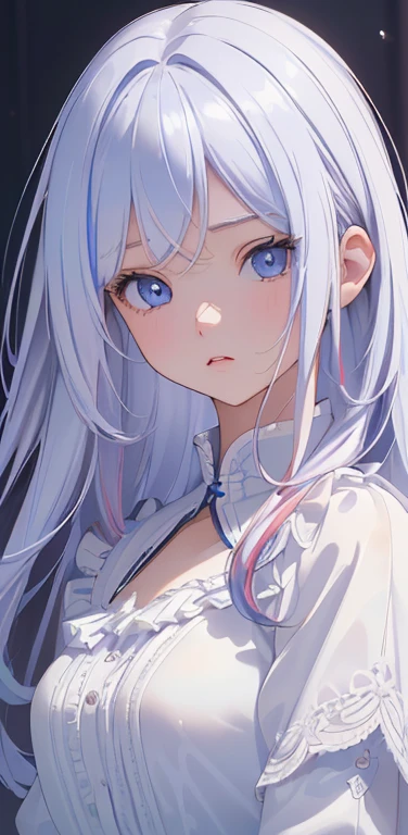 (8K、highest quality、masterpiece:1.2)、Super detailed、super resolution、Realistic、1girl、(two-color hair, white:1.5)、blue eyes、(eye focus:1.3,face focus:1.3,upper body:1.5),(gradient hair),(blouse:1.3)、(clear face:1.3),cute face,small breasts,portrait,
