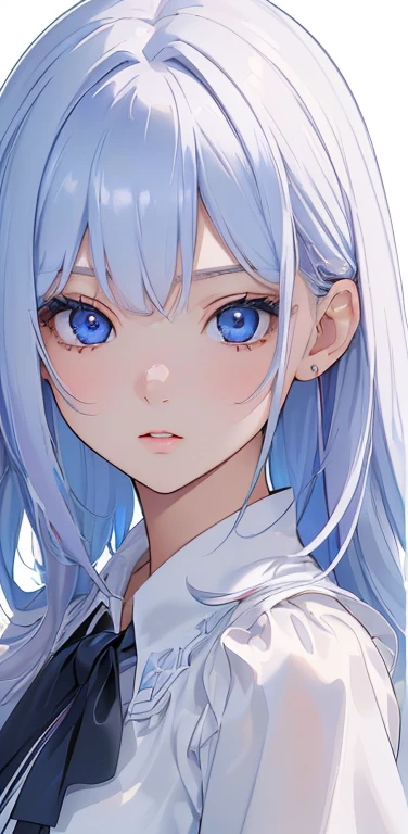 (8K、highest quality、masterpiece:1.2)、Super detailed、super resolution、Realistic、1girl、(two-color hair, white:1.5)、blue eyes、(eye focus:1.3,face focus:1.3,upper body:1.5),(gradient hair),(blouse:1.3)、(clear face:1.3),cute face,small breasts,portrait,
