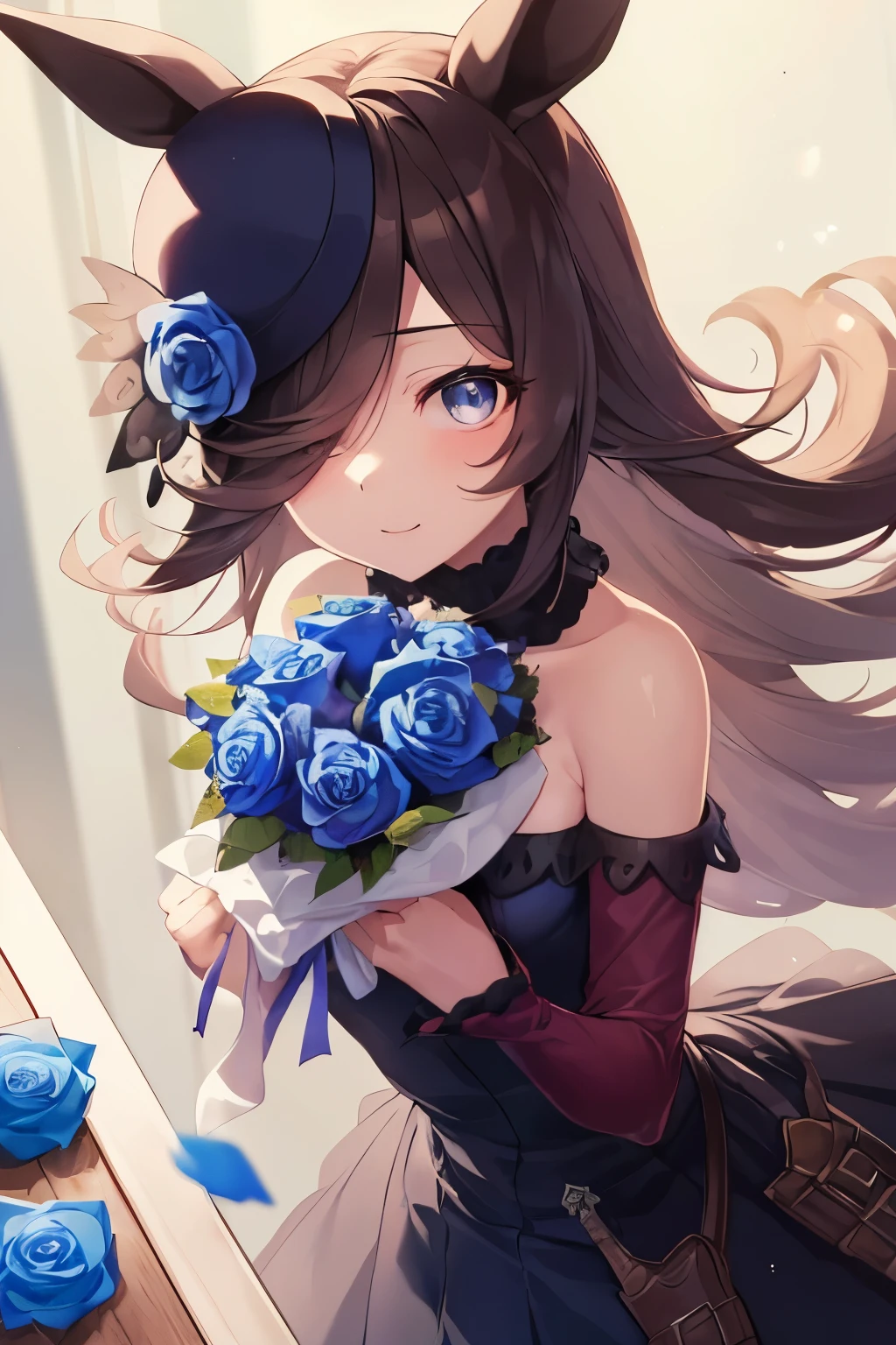 (table top.highest quality).(dynamic angle). (CG painting with very impressive details),(perfect image)、comic strip.figure.1 girl.detailed face、perfect face.delicate face、girl in delicate clothes、rough skin、black hair.length、(Umamimi girl)Umamimi girl、((beautiful blue eyes)).delicate and beautiful eyes、detailed eyes、reflected eyes、Watery eye、smile.(Holding a bouquet of blue roses:1.3).(Blue petals flutter:0.8)、8k wallpaper、cowboy shot、reflected light、most detailed、Complex、delicate background、rough skin、fine skin、(super resolution)、