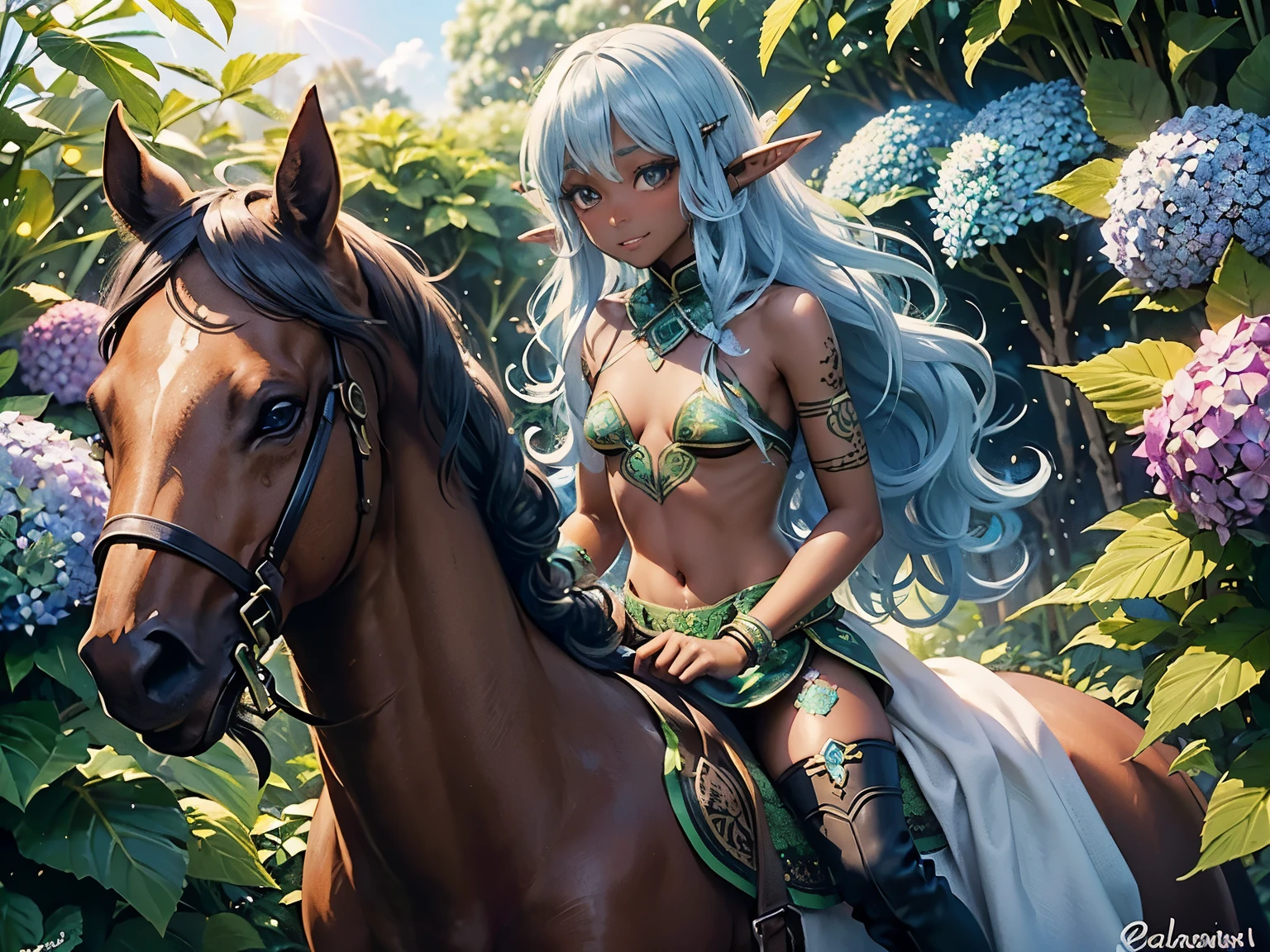 ((determined tall and lithe ((dark-skinned Caribbean Elf rogue archer)) (very small breasted) beautiful with magical henna tattoos on arms and chest)), ((pastel babyblue wavy hair)), big and transparent tulle, (wearing ornate jeweled golden bracelets and short leather riding boots), sexy and seductive, great beauty, delicate and beautiful face, full body portrait, (big eyes with long eyelashes and glittery eyeshadow and big round nose), absolutely beautiful face, cute embarrassed smile, calmly riding horseback while basking in the sunshine of life, ((sunrise shining above hydrangea and cannabis flowers and cannabis tree forest)),
