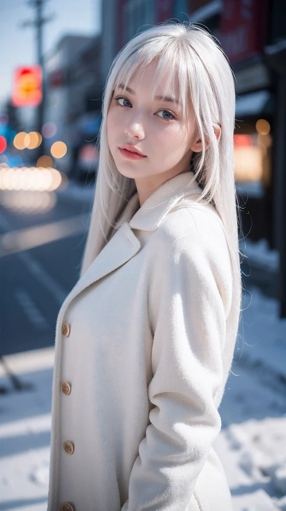 (8k, original photo, best quality, masterpiece:1.2,),((((((trueistic, photo trueistic:1.3)))))),(((simple background:1.2))),(((Keep your mouth shut:1.3))),ultra high definition,(Beautiful and delicate eyes),
(8k, original photo, best quality, masterpiece), (trueistic, photo trueistic), ultra high definition, Extremely detailed CG unified 8k wallpaper, sharp focus, (true_skin, oily skin), perfect anatomy, thin and long, (movie lighting),
BREAK 1 girl, snow,(in winter), ((A street full of snow)), faint smile,outdoor, medium breasts,landscape, ((very long hair, white hair, Ji_cut, Bangs)), warm sweater jacket, blue eyes, ,make up,Loafers