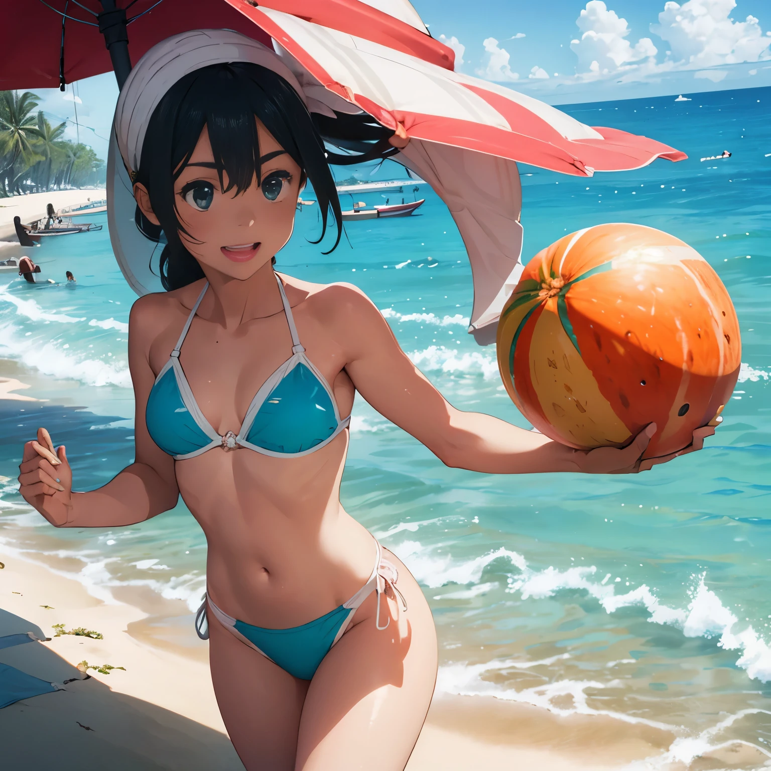 highest quality,super detailed,realistic,photorealistic:1.37,bikini、small small breasts,Lush tropical strands、small breasts、small breasts,Palm tree,clear turquoise water,tanned skin,Glittering water droplets on the body,Melon slices,Refreshing fruit slices,Laid-back fun,beach vibes,relaxation,colorful umbrella,Coconut drink,white sand beach,summer vacation,Bright colors,Beach towel,dazzling sunlight,beauty,relaxed atmosphere,Summer Paradise,shell,happy laughter,Floating Flamingo,Flotation device,beach ball,blue sky,Cool breeze,Exotic vacation