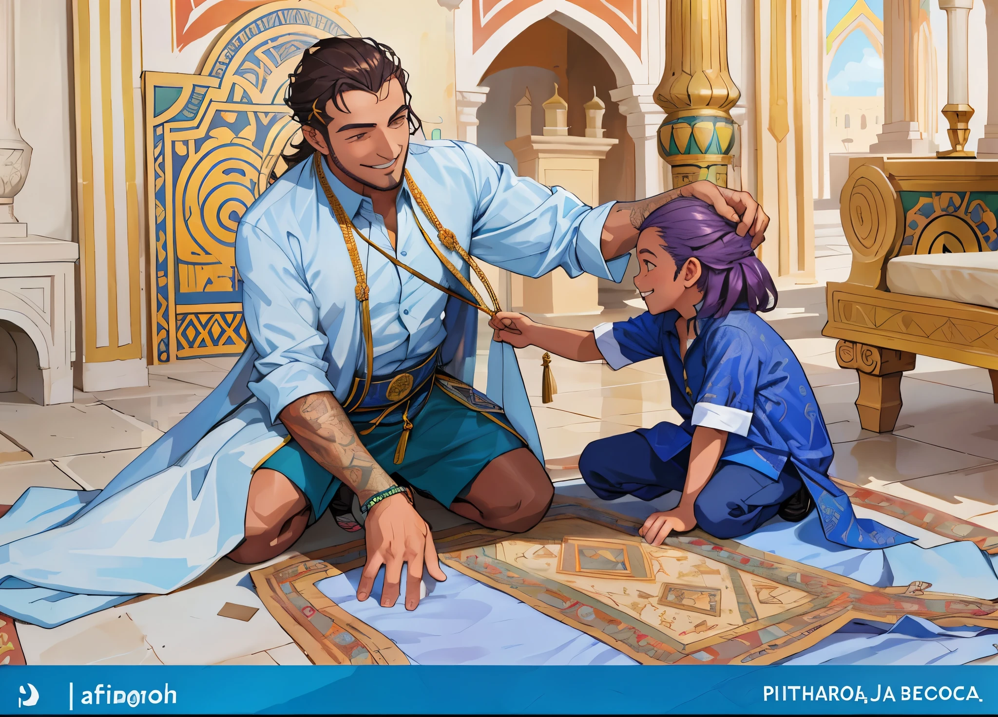 There is a man and a child, the man is evil, he smiles maliciously and touches the 's head to steal his aura.