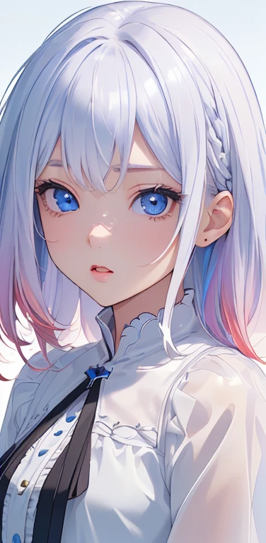 (8K、highest quality、masterpiece:1.2)、Super detailed、super resolution、Realistic、1girl、(two-color hair, white:1.5)、blue eyes、(eye focus:1.3,face focus:1.3,upper body:1.5),(gradient hair),(blouse:1.3)、(clear face:1.3),cute face,small breasts,portrait,
