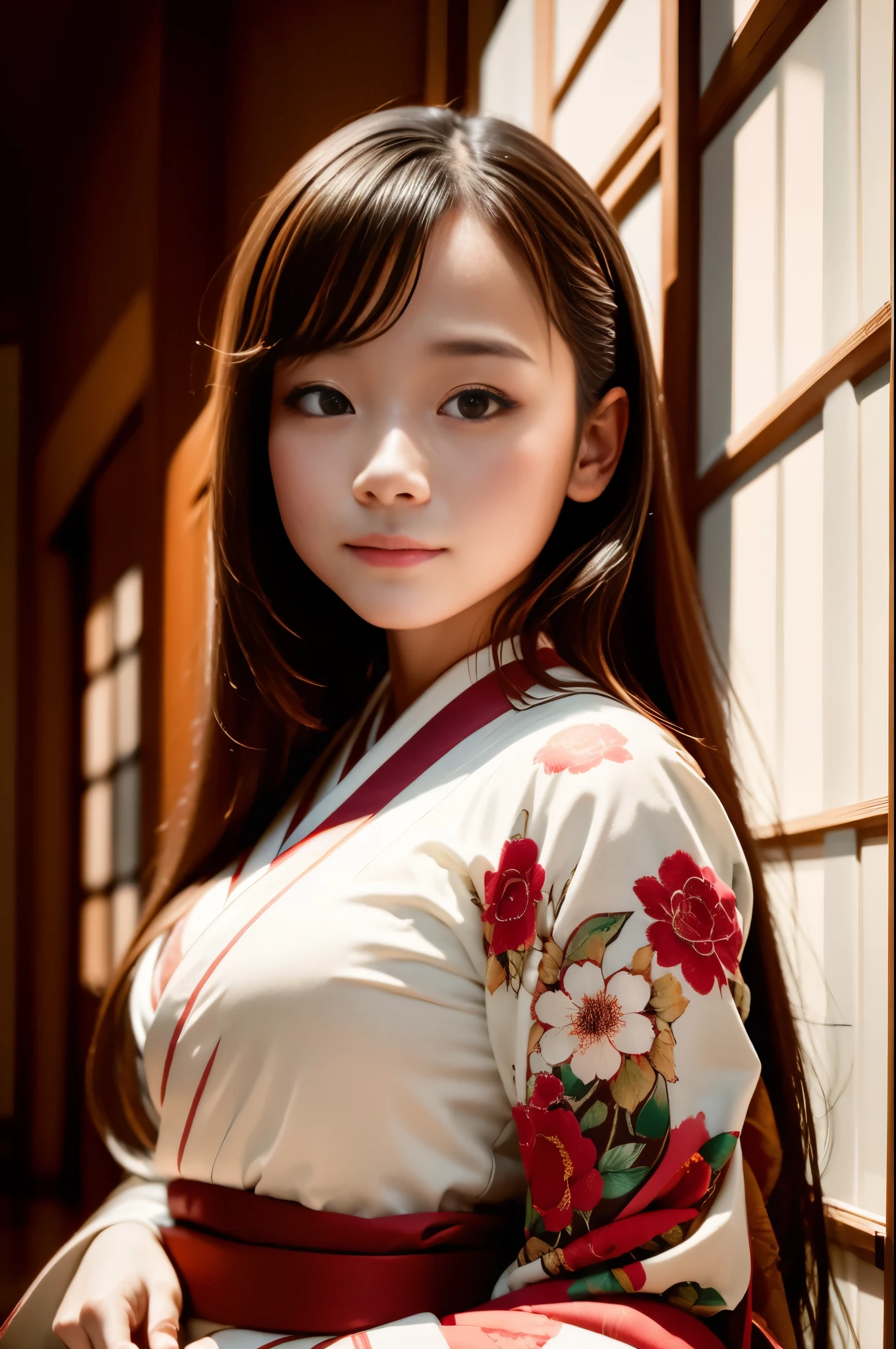 The background is a world of white flowers、highest quality, table top, High resolution, (((1 girl))), 16 years old,red eyes、Dark red kimono、((Dark red floral kimono)), Tyndall effect, realistic, shadow studio, red lighting, dual tone lighting, (high detail skin: 1.2) Digital single-lens reflex camera, photograph, High resolution, 4k, 8k, background blur,fade out beautifully、The background is a world of white flowers