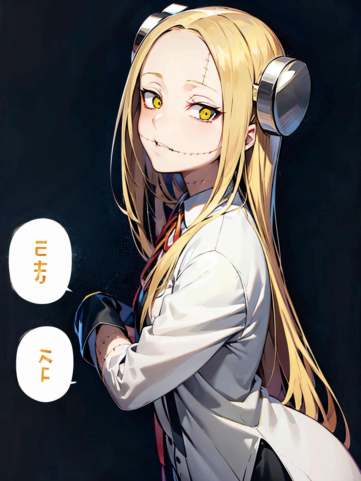 Madaraki_Fran,Young woman ,costs,preoccupied,Crazy ,a surgeon ,Holds out his hands,worries about the patient, long hair , yellow hair,Seams , Scars on the body , Creepy look , scary eyes , Intimidating look , Creepy smile , bags under the eyes, ((((tired)))), background
