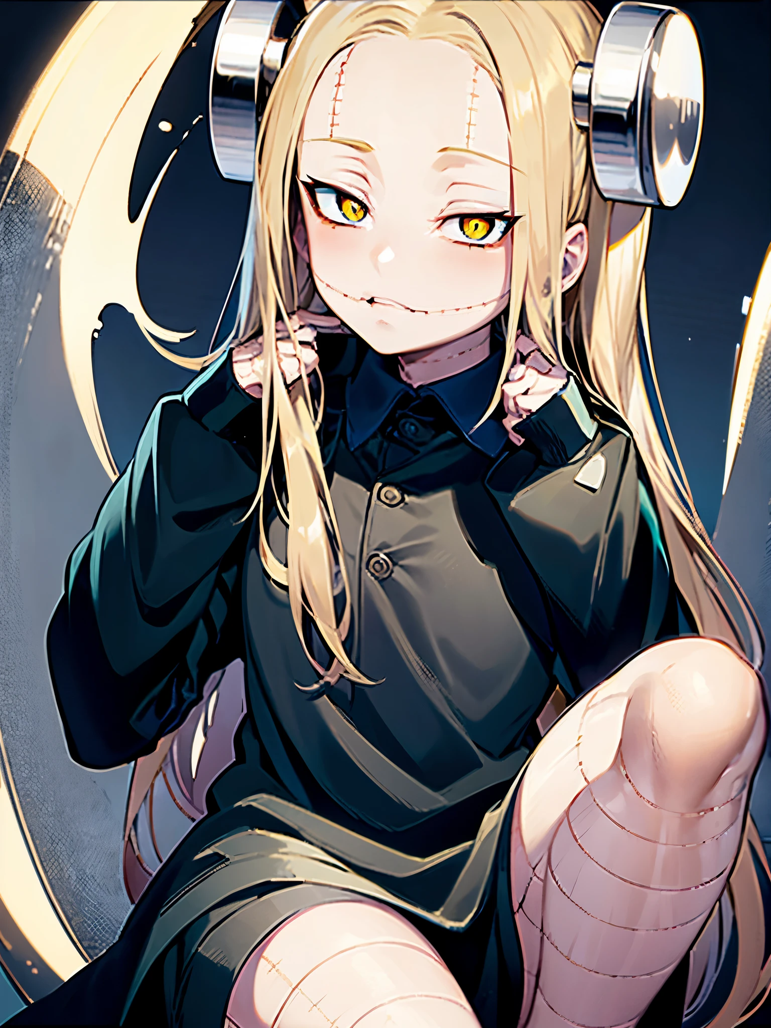 Madaraki_Fran,Young woman ,costs,preoccupied,Crazy ,a surgeon ,Holds out his hands,worries about the patient, long hair , yellow hair,Seams , Scars on the body , Creepy look , scary eyes , Intimidating look , Creepy smile , bags under the eyes, ((((tired)))), background
