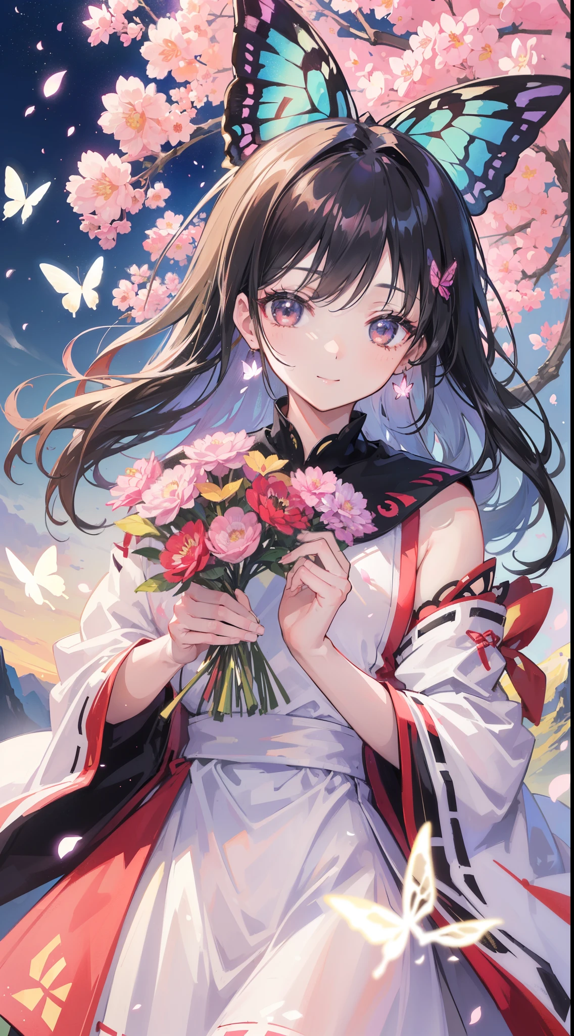 (32k), (highest quality, masterpiece),(1 girl, Miko, coat, expression face, black eye, look at the front ,black hair, walk, Upper body), (stray sky at night, huge old tree in the back, Shining pink petals fall behind, shrine in the back, mountain background, blowing wind, meteor cloud), (cute smile), (32k), (beautiful cute girl), (butterfly ornament), (butterfly dresany butterflies)), (((background of many flowers
))), (((bright background))), (beautiful world), (cute world), smile,