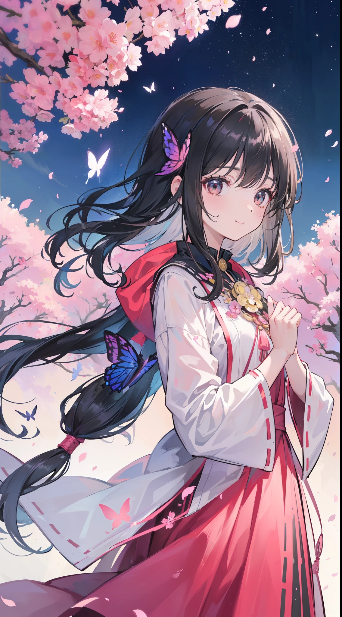 (32k), (highest quality, masterpiece),(1 girl, Miko, coat, expression face, black eye, look at the front ,black hair, walk, Upper body), (stray sky at night, huge old tree in the back, Shining pink petals fall behind, shrine in the back, mountain background, blowing wind, meteor cloud), (cute smile), (32k), (beautiful cute girl), (butterfly ornament), (butterfly dresany butterflies)), (((background of many flowers
))), (((bright background))), (beautiful world), (cute world), smile, 