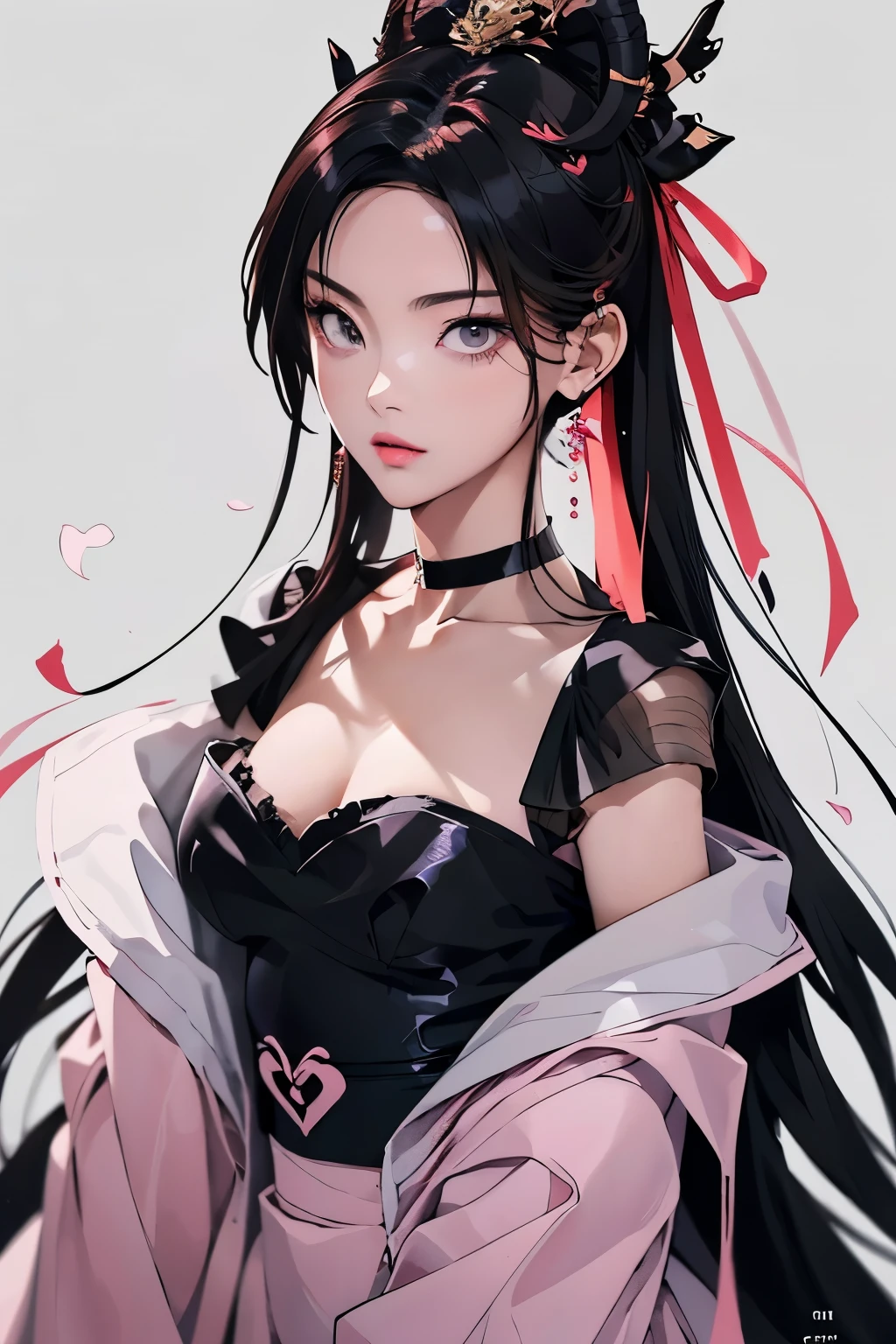 (masterpiece), best quality, beautiful woman, expressive eyes, perfect face,1 woman, a movie still of a super model, fashionable, seductive, detailed face, there is a woman with a chain around her neck and a choke, xision wu, wearing intricate black choker, belle delphine, wearing black choker, anna nikonova aka newmilky, wearing choker, asian girl, cruel korean goth girl, choker, cindy avelino, with long hair and piercing eyes, beautiful asian girl, sultry look, a young asian woman, cgsociety, manga art, anime aesthetic, anime, soft light, strong linework, ((cel shaded style)), line art, simple background, modernism, natural style, neon, detailed iris, (first person point of view:1.3), anime