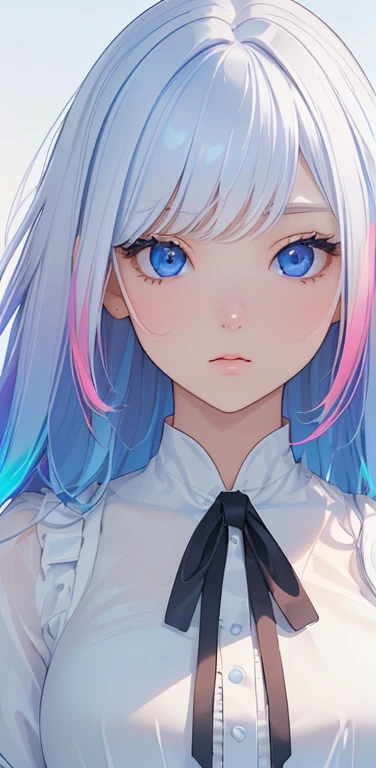 (8K、highest quality、masterpiece:1.2)、Super detailed、super resolution、Realistic、1girl、(two-color hair, white:1.5)、blue eyes、(eye focus:1.3,face focus:1.3,upper body:1.5),(gradient hair),(blouse:1.3)、(clear face:1.3),cute face,small breasts,portrait,
