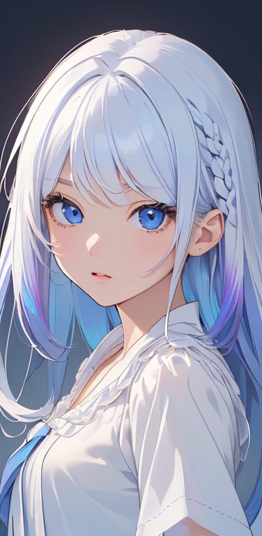 (8K、highest quality、masterpiece:1.2)、Super detailed、super resolution、Realistic、1girl、(two-color hair, white:1.5)、blue eyes、(eye focus:1.3,face focus:1.3,upper body:1.5),(gradient hair),(blouse:1.3)、(clear face:1.3),cute face,small breasts,portrait,
