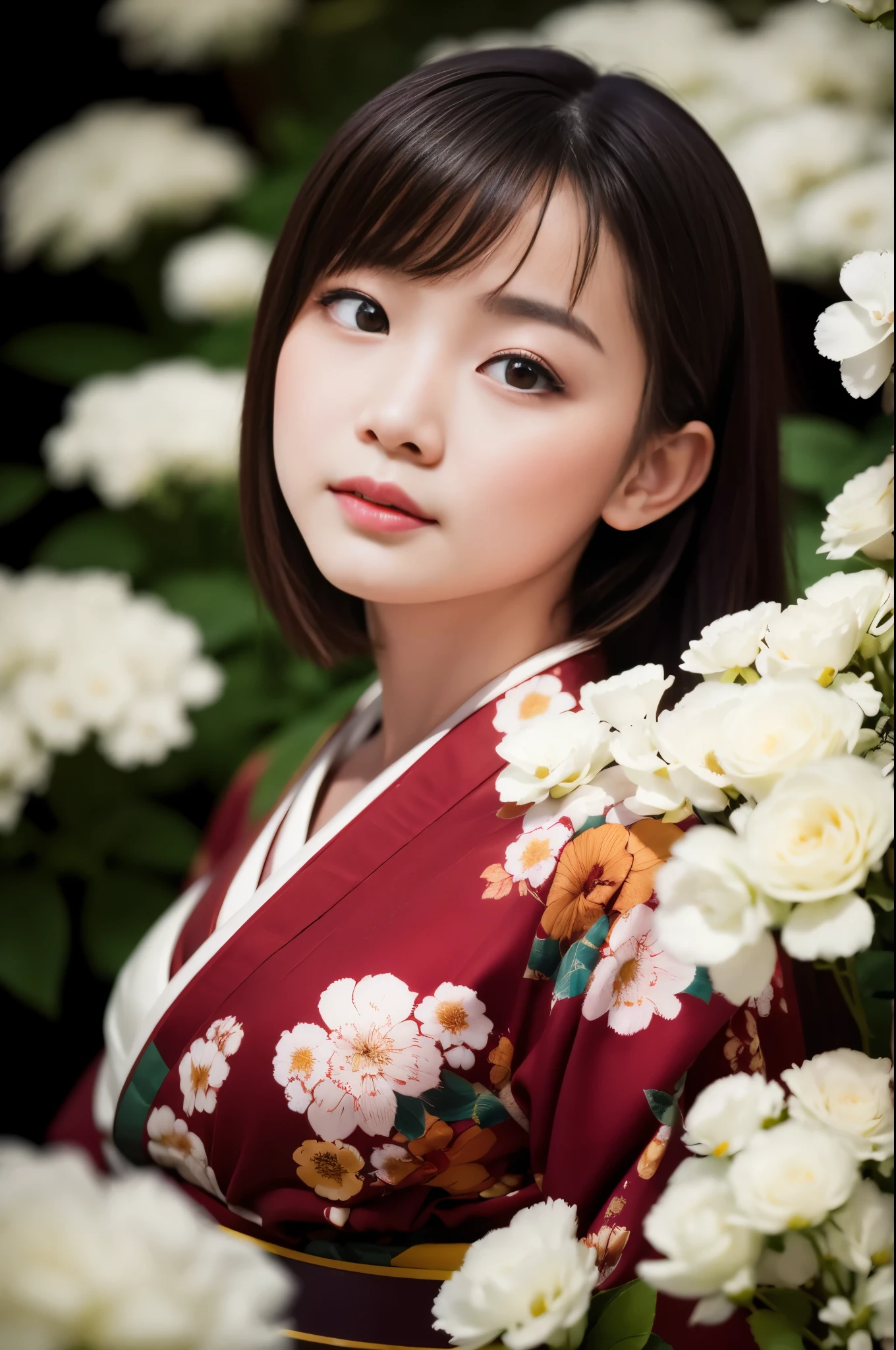 The background is a world of white flowers、highest quality, table top, High resolution, (((1 girl))), 16 years old,red eyes、Dark red kimono、((Dark red floral kimono)), Tyndall effect, realistic, shadow studio, red lighting, dual tone lighting, (high detail skin: 1.2) Digital single-lens reflex camera, photograph, High resolution, 4k, 8k, background blur,fade out beautifully、The background is a world of white flowers