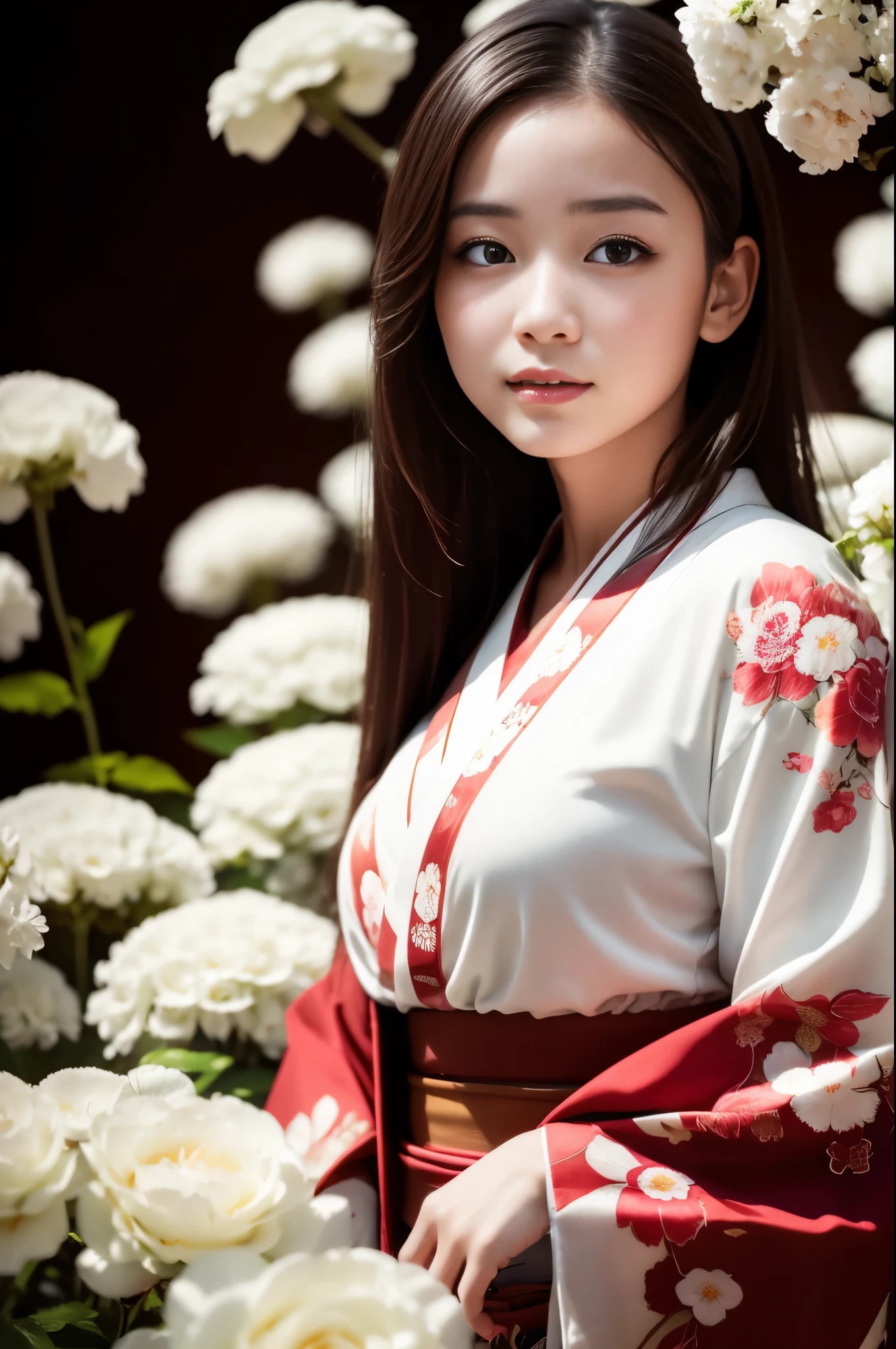 The background is a world of white flowers、highest quality, table top, High resolution, (((1 girl))), 16 years old,red eyes、Dark red kimono、((Dark red floral kimono)), Tyndall effect, realistic, shadow studio, red lighting, dual tone lighting, (high detail skin: 1.2) Digital single-lens reflex camera, photograph, High resolution, 4k, 8k, background blur,fade out beautifully、The background is a world of white flowers