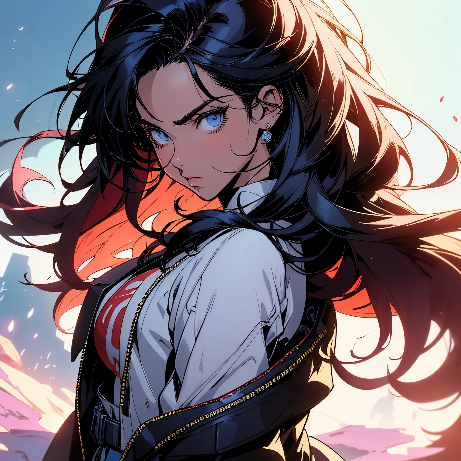 (cowboy shot:1.3), (cinematic lighting:1.3), (masterpiece), best quality, beautiful woman, expressive eyes, perfect face,1 woman, a movie still of a super model, fashionable, a woman with long hair and a white shirt is wearing a jacket, illustration style, 8 0 s anime vibe, in style of digital illustration, 9 0 s anime art style, urban girl fanart, 90s comic book character design, trending on artstration, 8 0 s anime art style, in the art style of 8 0 s anime, cgsociety, manga art, anime aesthetic, anime, strong linework, ((cel shaded style)), line art, simple background, modernism, natural style, neon, detailed iris, (first person point of view:1.3), anime