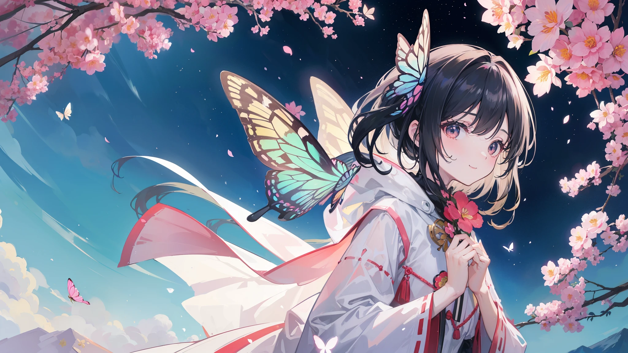 (32k), (highest quality, masterpiece),(1 girl, Miko, coat, expression face, black eye, look at the front ,black hair, walk, Upper body), (stray sky at night, huge old tree in the back, Shining pink petals fall behind, shrine in the back, mountain background, blowing wind, meteor cloud), (cute smile), (32k), (beautiful cute girl), (butterfly ornament), (butterfly dresany butterflies)), (((background of many flowers
))), (((bright background))), (beautiful world), (cute world), smile,