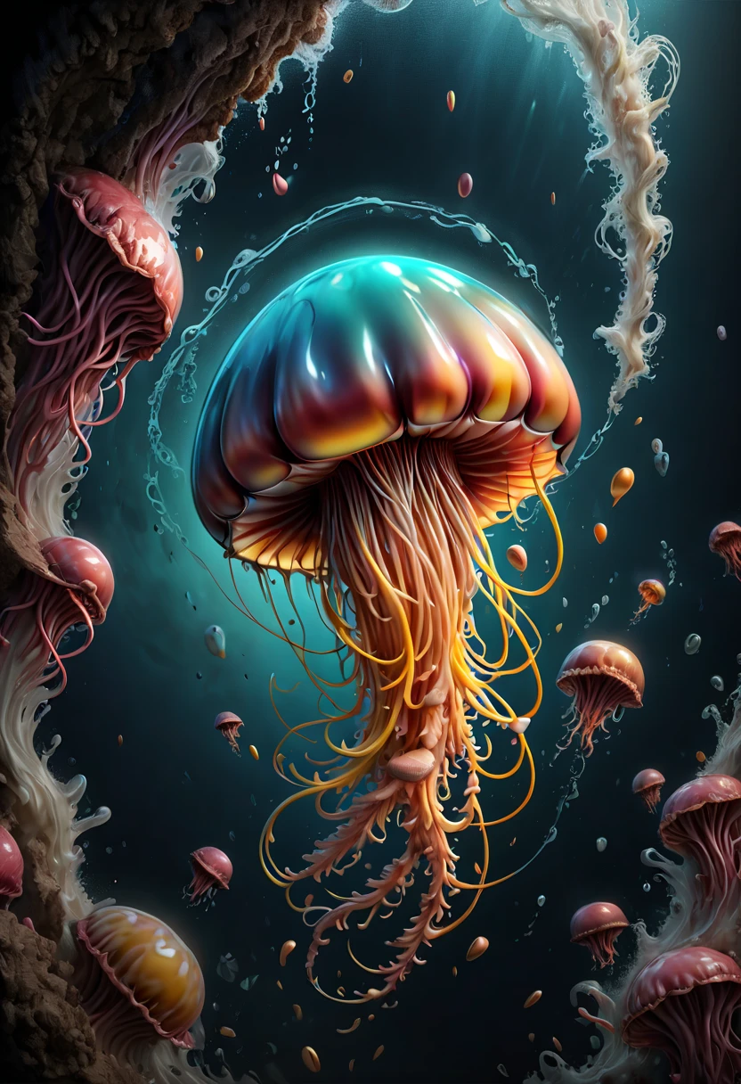 Jellyfish, Capture the ethereal dance of light and shadow in a stunning monochromatic photograph with selective color details, revealing the hidden poetry of Bioluminescence, undersea, (realistic, photorealistic, RAWphoto:1.2), octane render, (best quality, masterpiece, Representative work, official art, Professional, Ultra intricate detailed, 8k:1.3)
