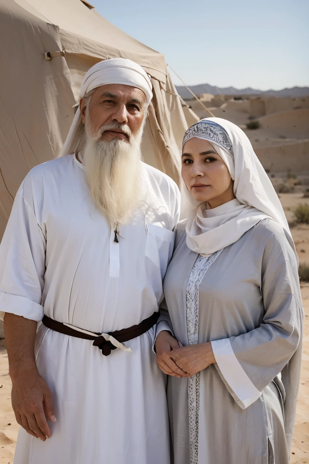 Realistic image of a 65 year old man, male, and a 60 year old female woman, together, old age, the man with white hair, Arab turban on his head, long white beard; firm and captivating look, wearing traditional biblical clothing, full-length image; accompanied by his feminine wife Sara, very beautiful long white hair; a beautiful scarf over her head as per Arabic tradition, she has a beautiful face, captivating eyes, wearing traditional biblical clothes, full body image. They are standing, in camera profile, looking at each other and talking about the future. In the background is a beautiful Arab tent. The environment is a desert with trees at the back of the tent and a bright sun with a blue sky. Considering the image's aesthetics, feeling, illustrative style, resolution, format, characteristics, setting, lighting and camera angle.