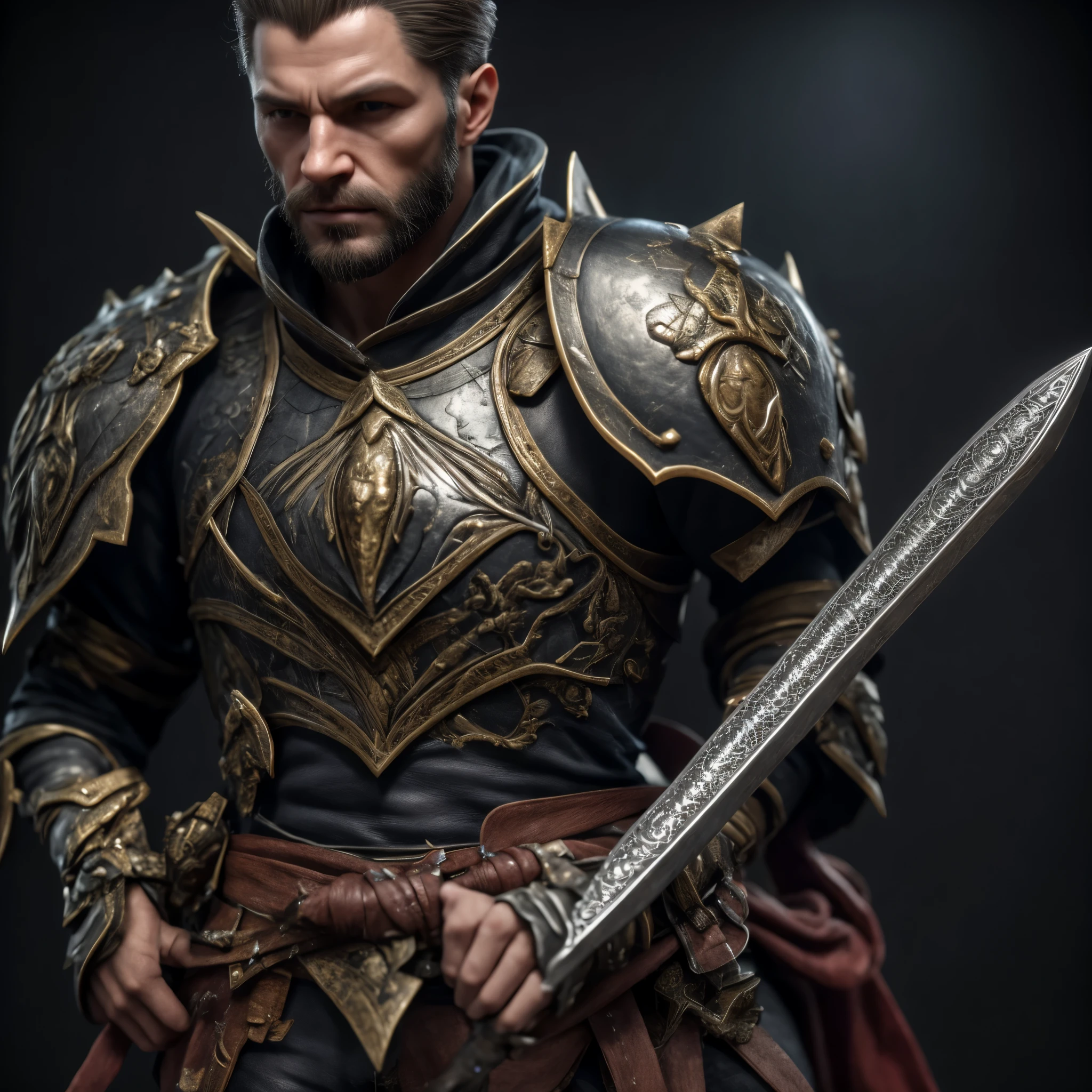 A close up of a man in armor holding a sword - SeaArt AI