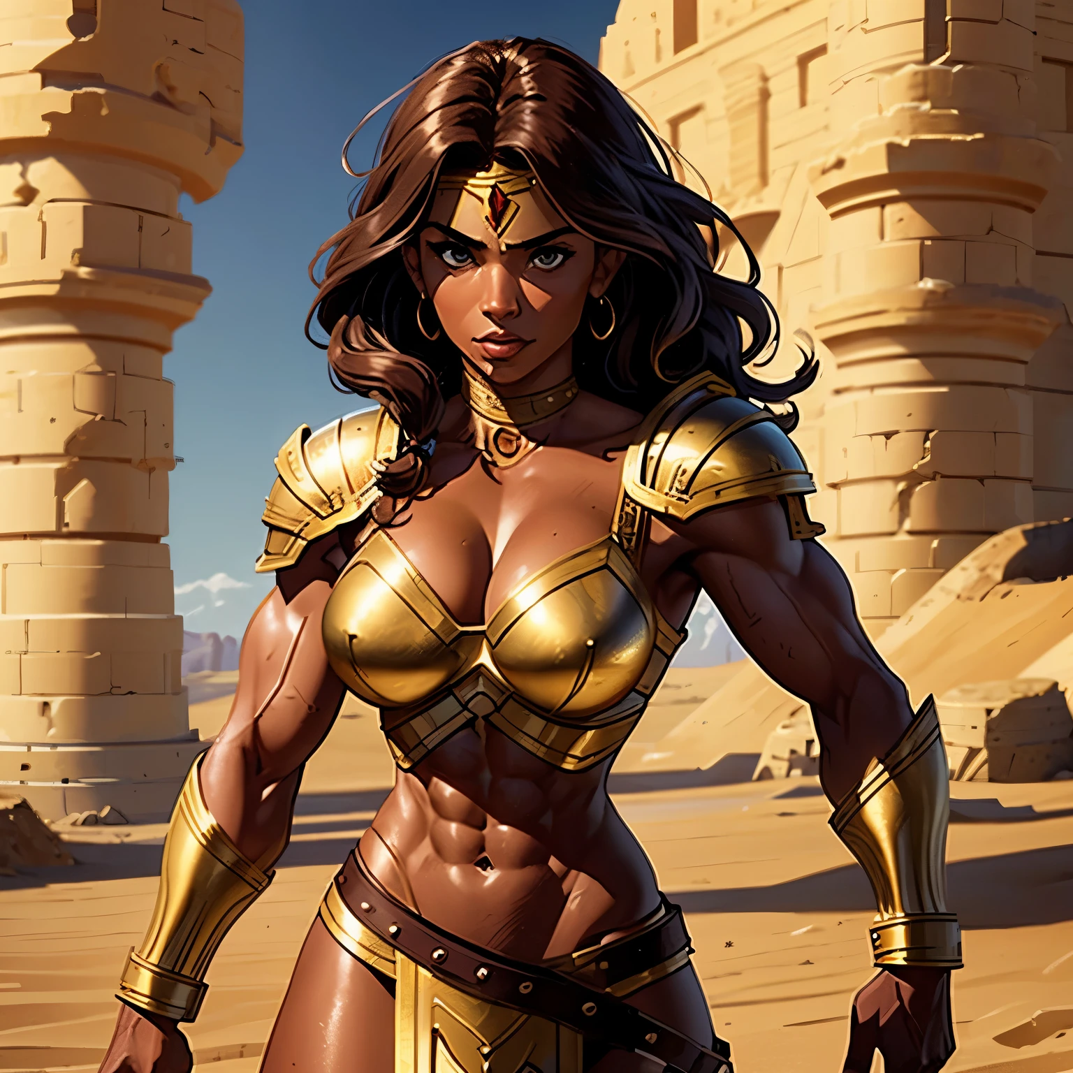 1girl solo focus, ssahc, 40 Years old, wavy hair, brown skin, (wearing desert armor:1.3), muscular physique, muscular arms, big biceps, 6-pack abs, muscular shoulder, 16k, HD, Ultra Quality Hair, Ultra Quality Face, Ultra Quality Image, Cinematic lights, Medium Shots, (gladiator tournament arena:1.3), looking at viewer, (front, straight view)