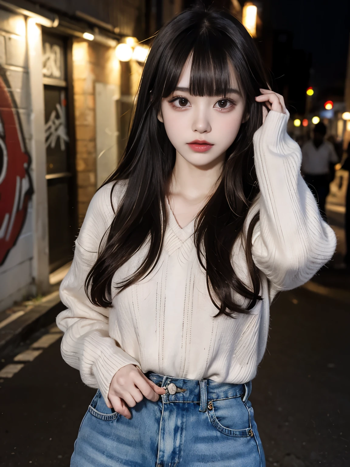 raw photo, 8k, (top-quality), Realistic, (real picture, Intricate details), (natural skin texture, detailed skin, hyper realism, sharpness), (Japanese teenage girl standing in a dirty back alley at night, hands on head, graffitied wall:1.3), ((white hand-knitted long sweater, v-neck sweater, oversized clothes)), (pale skin:1.2), slender body, ((light brown hair, bob hair, blunt bangs)), (seductive face, provocative look, Parted lips:1.3, eye shadow, eyeliner, tear bag:1.2, red lips), graffiti:1.5, night time, spot lighting:1.3, upper body shot