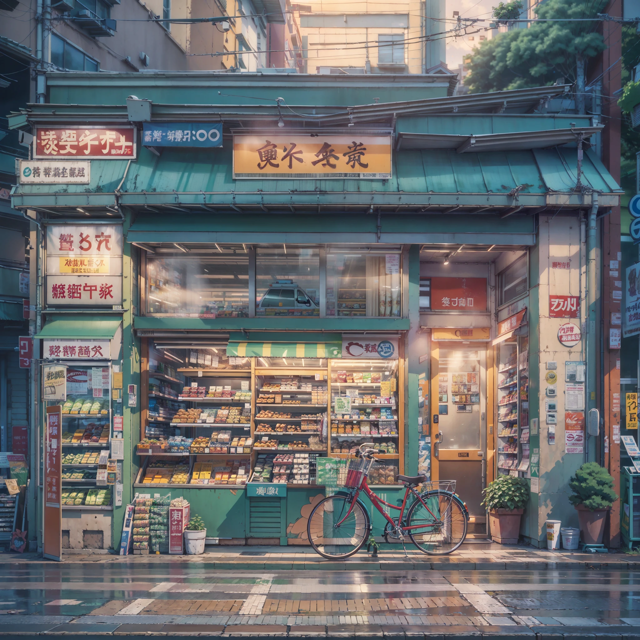 anime - style storefront with a bicycle parked in front of it, convenience store, lofi album art, anime background art, tokyo anime scene, high detailed store, by Kamagurka, realistic anime 3 d style, by Kanbun Master, lofi vibes, anime style cityscape, lofi artstyle, lo-fi illustration style, lofi art