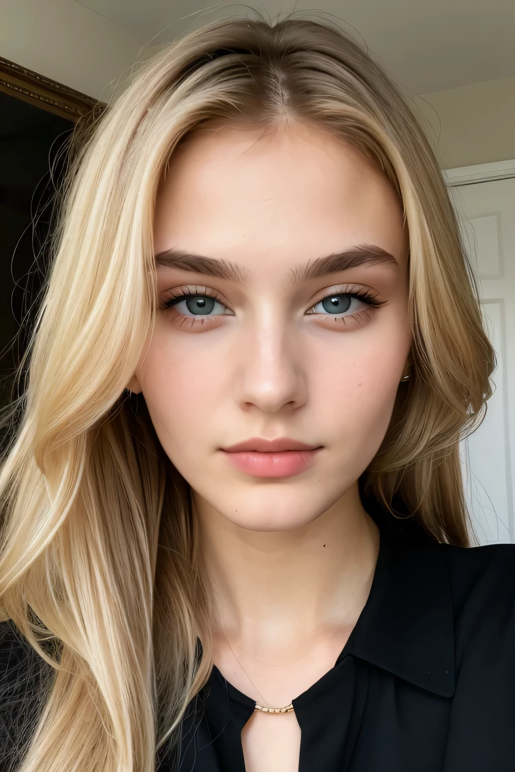 (Best quality)), ((Masterpiece)), (detailed),  , perfect face, in black clothes, Russian girl, blonde hair, cheekbones, thin face, model appearance
