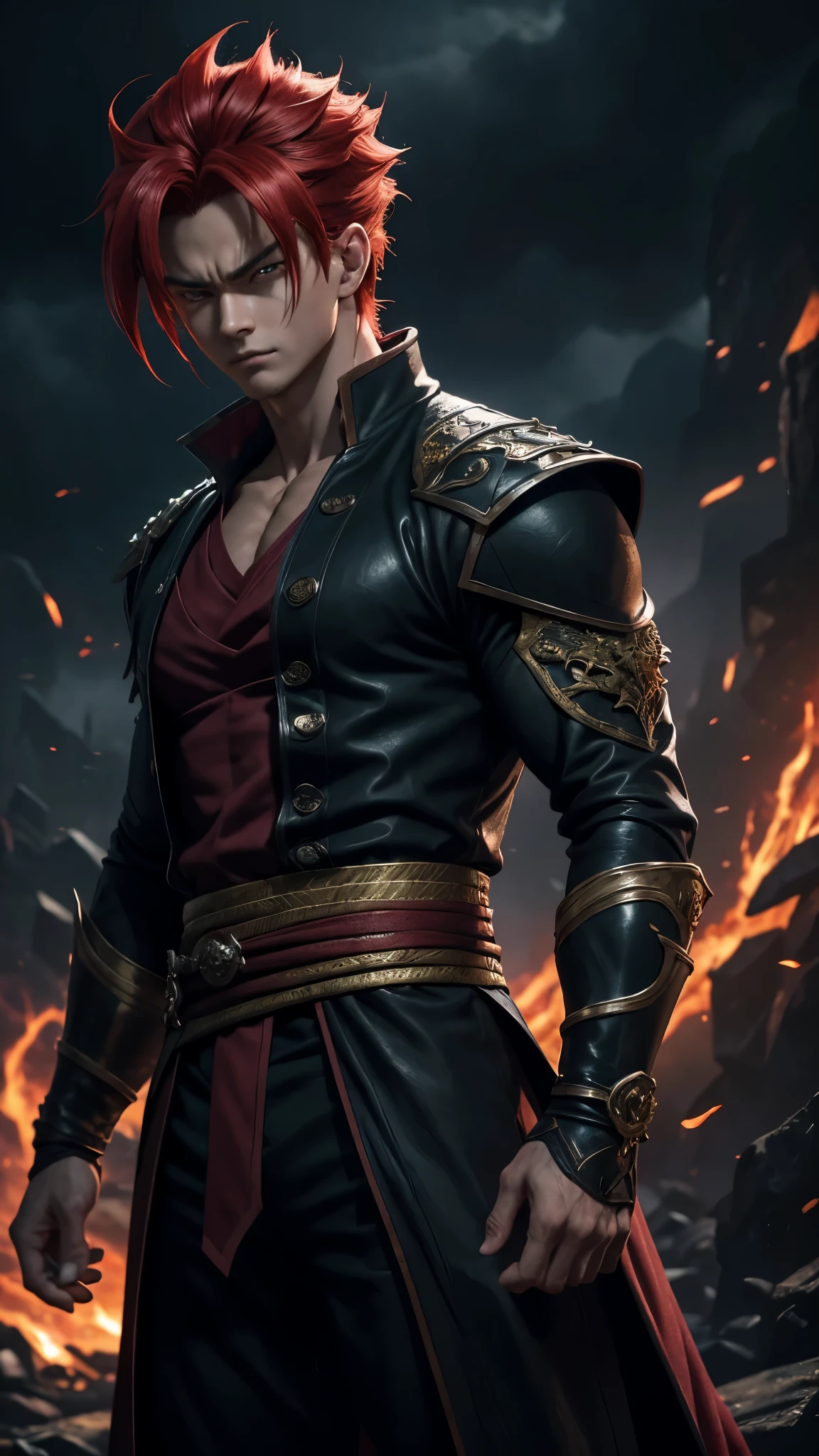 An 8k masterpiece, highest resolution, every detail, meticulous detail, depth of field, bright colors, beautiful composition: stunning take on an anime character Gohan with brilliant red hair and beautifully detailed glowing eyes, standing against a dark and ominous background. This handsome demon slayer is the epitome of bad guys in the world of fantasy art.