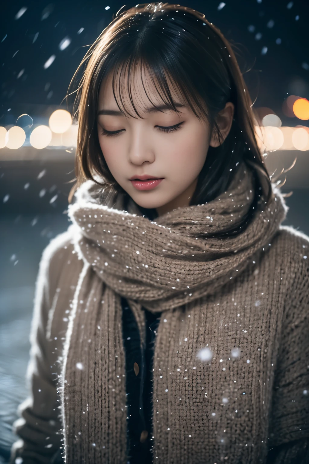 ((No makeup、close your eyes、close your mouth:1.2))、look up、(realistic、Photoreal、super detailed、best detailed skin、highest quality、masterpiece、超A high resolution)、cute japanese woman、27 years old、1 Actress、have bangs、double eyelid、drooling eyes、Japanese style face、purity、realisticな肌質、thick muffler、Gray muffler、fluffy hair、((There&#39;s hair in the scarf:1.3))、red cheeks、The wind is blowing、It&#39;s snowing、night、illumination、lighting from behind