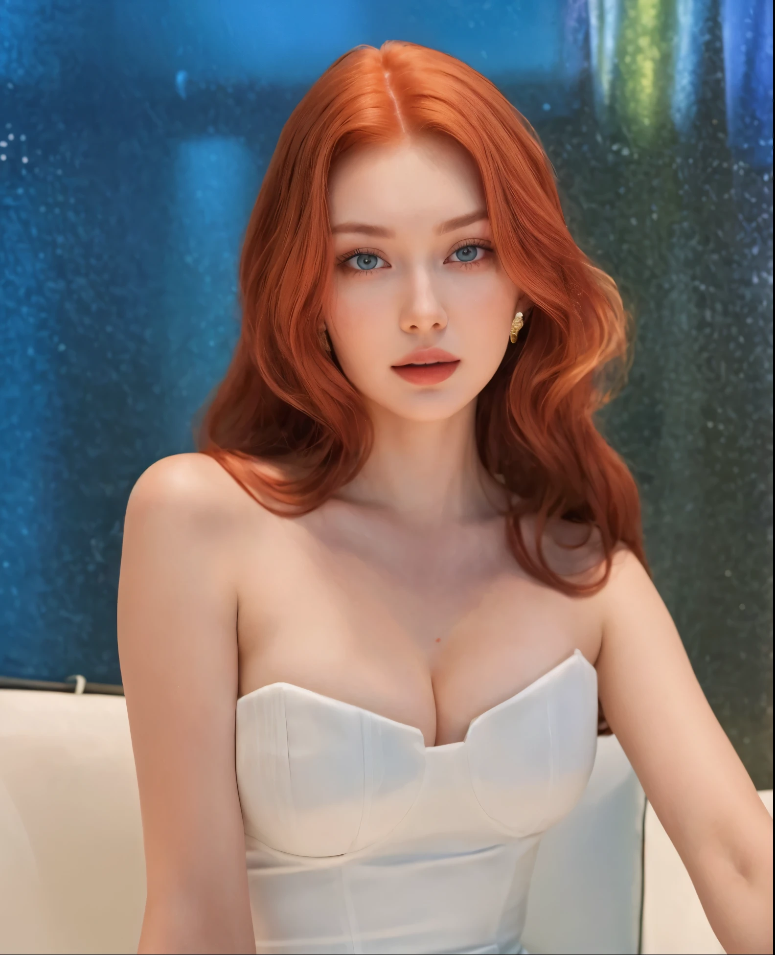 There is a woman sitting on a sofa in a white dress, amoranto, anna nikonova aka newmilky, better known as amoranto, young beautiful amoranto, diosa pelirroja, estilo de julia razumova, amoranto as a super villain, eleanor tomlinson, beautiful mujer pelirroja, mujer pelirroja, yelena belova