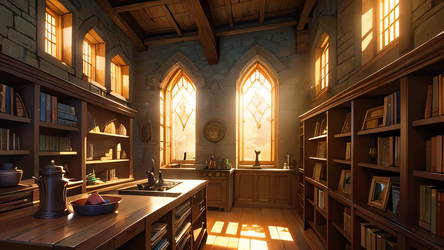 dungeons and dragons scenery background 4k high quality, wooden bookshelves various sizes colors books, wooden countertop with books on it, light coming in through the window no electricity