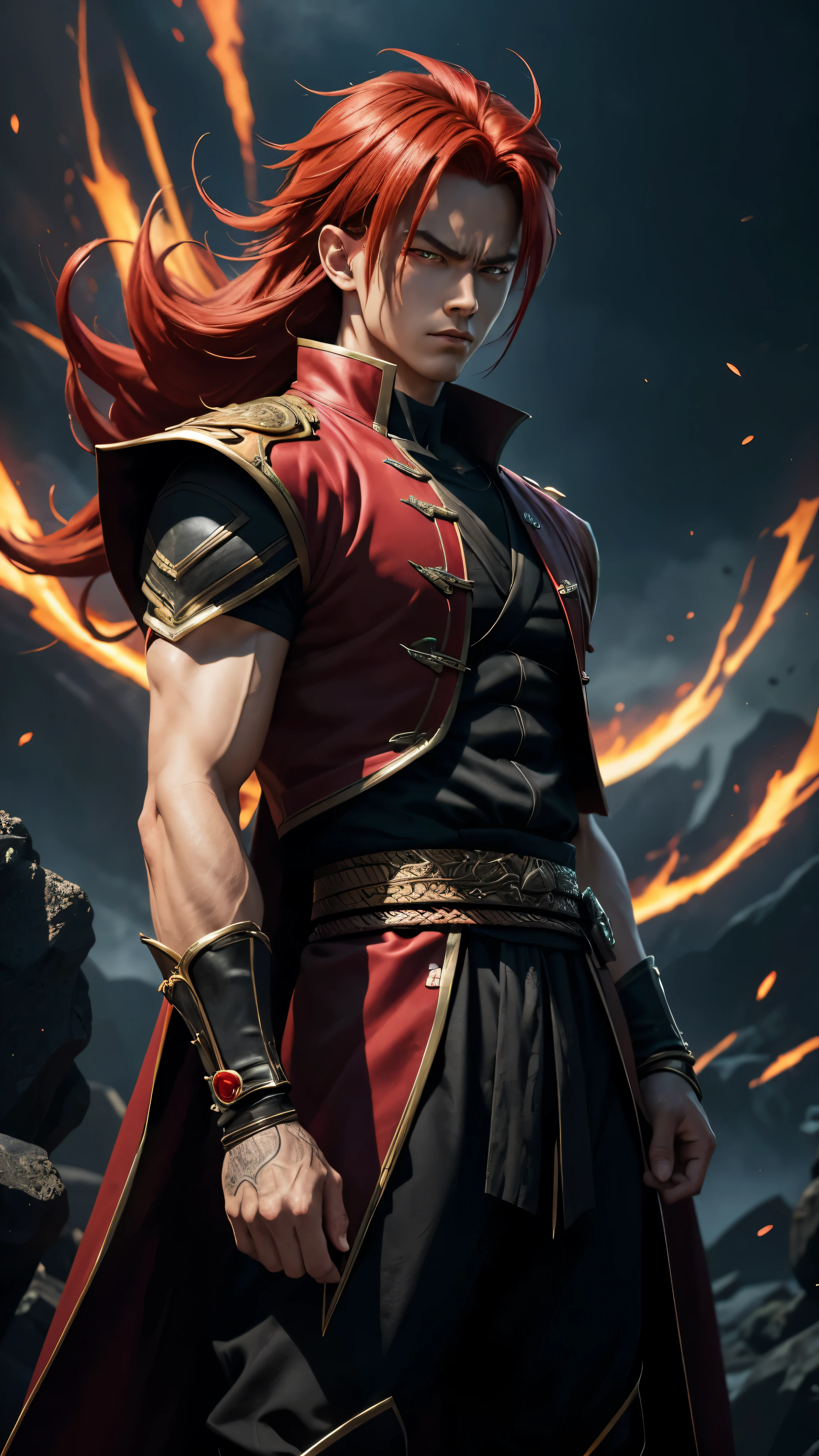 An 8k masterpiece, highest resolution, every detail, meticulous detail, depth of field, bright colors, beautiful composition: stunning take on an anime character Gohan with brilliant red hair and beautifully detailed glowing eyes, standing against a dark and ominous background. This handsome demon slayer is the epitome of bad guys in the world of fantasy art.