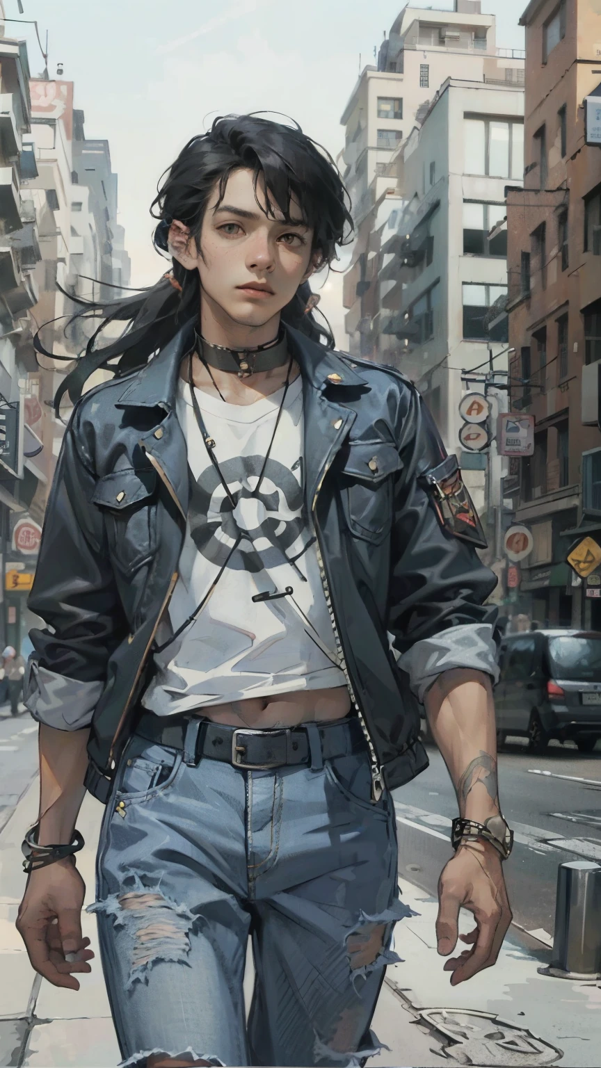 City street-metropolis. ung man - modern. Masterpiece, Best quality (surrealism: 1.3), Excellent, quality, (masterpiece: 1.2), (realism: 1.2), (Best quality), (skin detail: 1.3), Sunny day, 1 yoman. Long black hair, young, modern, walking down the street. (Open T-shirt, Lean-pumped torso, slender, strong body, sinewy arms, wide shoulders, cool wide jeans-belt, arms decorated with belts, bracelets). ((expressive eyes)), brown eyes, black hair. Modern Clothes (surrealism: 1.3), Excellent, high quality. Hand-drawn realism.