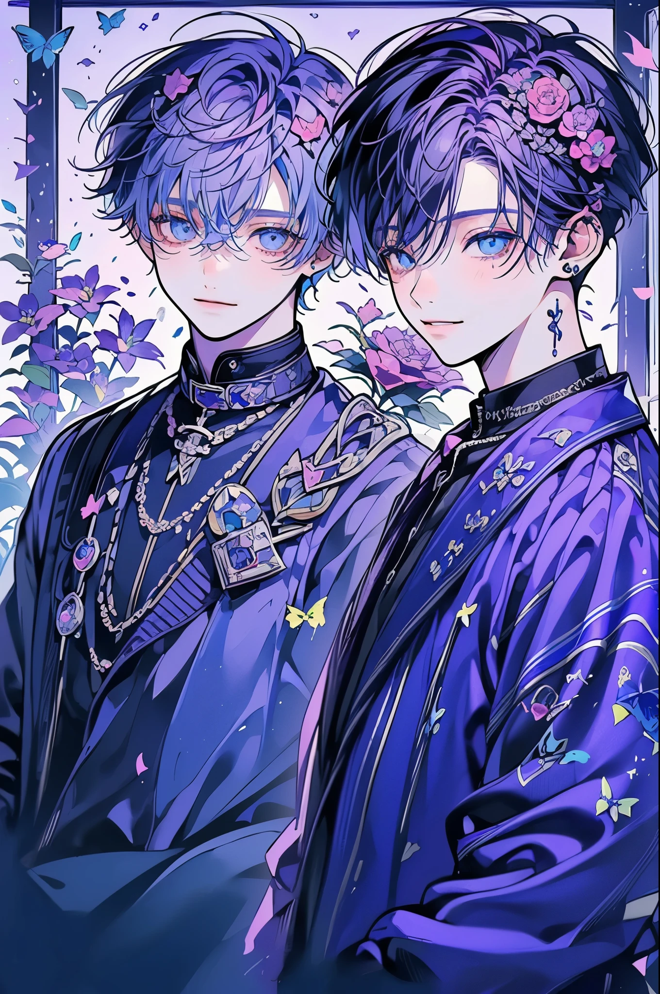 (muste piece), (highest quality), very detailed, (two boys:1.4), concentrated,perfect face, beautiful face, very detailed顔,(blue eyes:1.3),flower,butterfly々,flowerびら,Light,(smile:1.3),(purple haired boy:1.4),(Blue-haired boy:1.4)