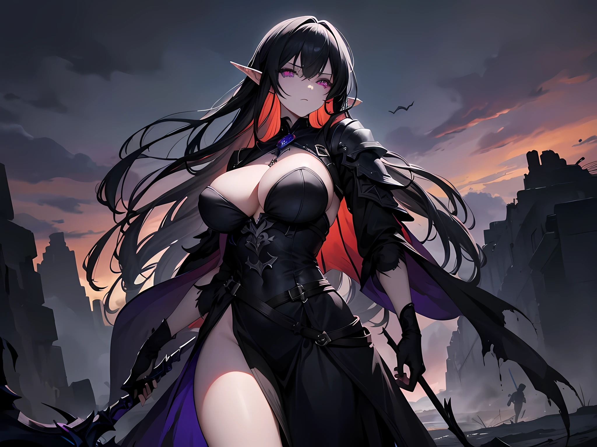 (best quality,4k,8k,highres,masterpiece:1.2),ultra-detailed,realistic,photorealistic:1.37,dark fantasy,action,elf. Female dark elf with mesmerizing violet eyes, revealing outfit and captivating,huge breasts, wide shot, sharp features, confidently holding a deadly scythe in her slender, well-toned hands. Her raven-black hair flows gracefully behind her, adding a touch of mystique to her overall allure. The battlefield is drenched in blood, with lifeless bodies scattered across the desolate landscape. The sky is dark and ominous, creating an atmosphere of impending doom. The army of the dead surrounds her, their decaying forms pressing in from all sides. Mist and shadows envelop the scene, adding an eerie and haunting feel. Faint tendrils of magic emanate from the dark elf's fingertips, signaling her mastery over the arcane arts. The chains that wrap around her body suggest a past filled with battles and triumphs. The scythe in her hands glints menacingly, its wicked blade reflecting the harsh light of the moon. The colors are rich and vibrant, with deep shades of purple, black, and red dominating the scene. The lighting is dramatic and emphasizes the contrast between light and shadow. This masterpiece seamlessly combines elements of fantasy, darkness, and adventure, capturing the essence of a female sexy dark elf adventurer in a bloodsoaked battlefield, surrounded by the army of the dead.