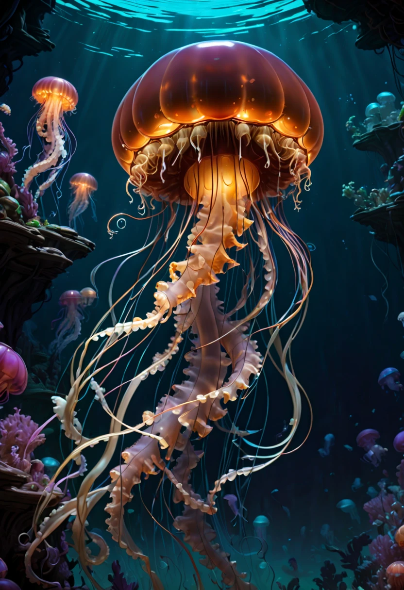 Jellyfish, Capture the ethereal dance of light and shadow in a stunning monochromatic photograph with selective color details, revealing the hidden poetry of Bioluminescence, undersea, (realistic, photorealistic, RAWphoto:1.2), octane render, (best quality, masterpiece, Representative work, official art, Professional, Ultra intricate detailed, 8k:1.3)