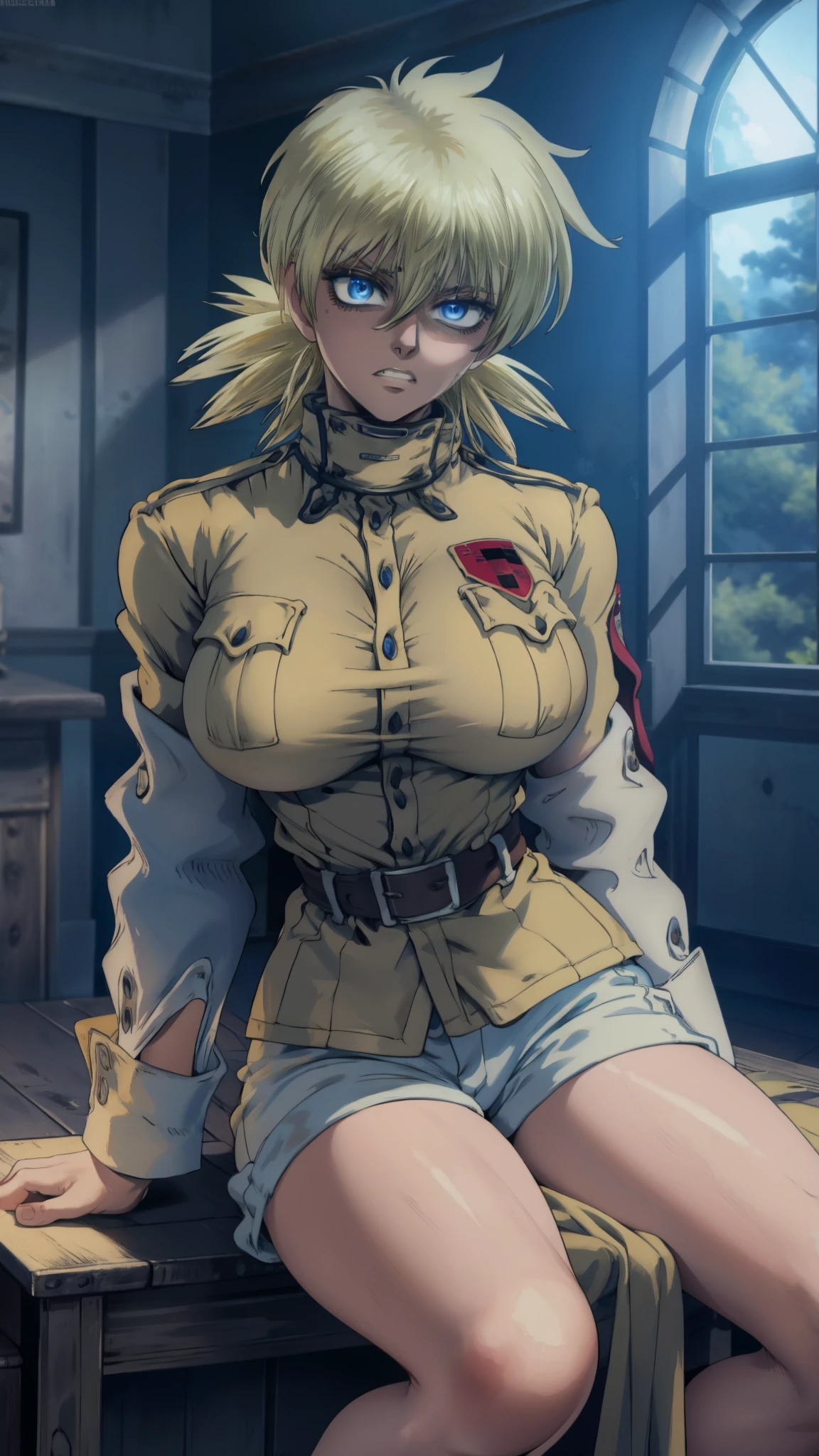 masterpiece, best quality, seras, seras victoria,  hellsing, 1girl, solo, white shorts, long sleeves , sitting, campfire, warm lighting, clenching teeth, annoyed, head tilt, looking to the side, gigantic breasts, breast focus,  boob window, bare breasts, arms at side, arms behind back, Detailed face, Detailed blue eyes, Detailed face, blue eyes, perfect eyes, perfect face, nude