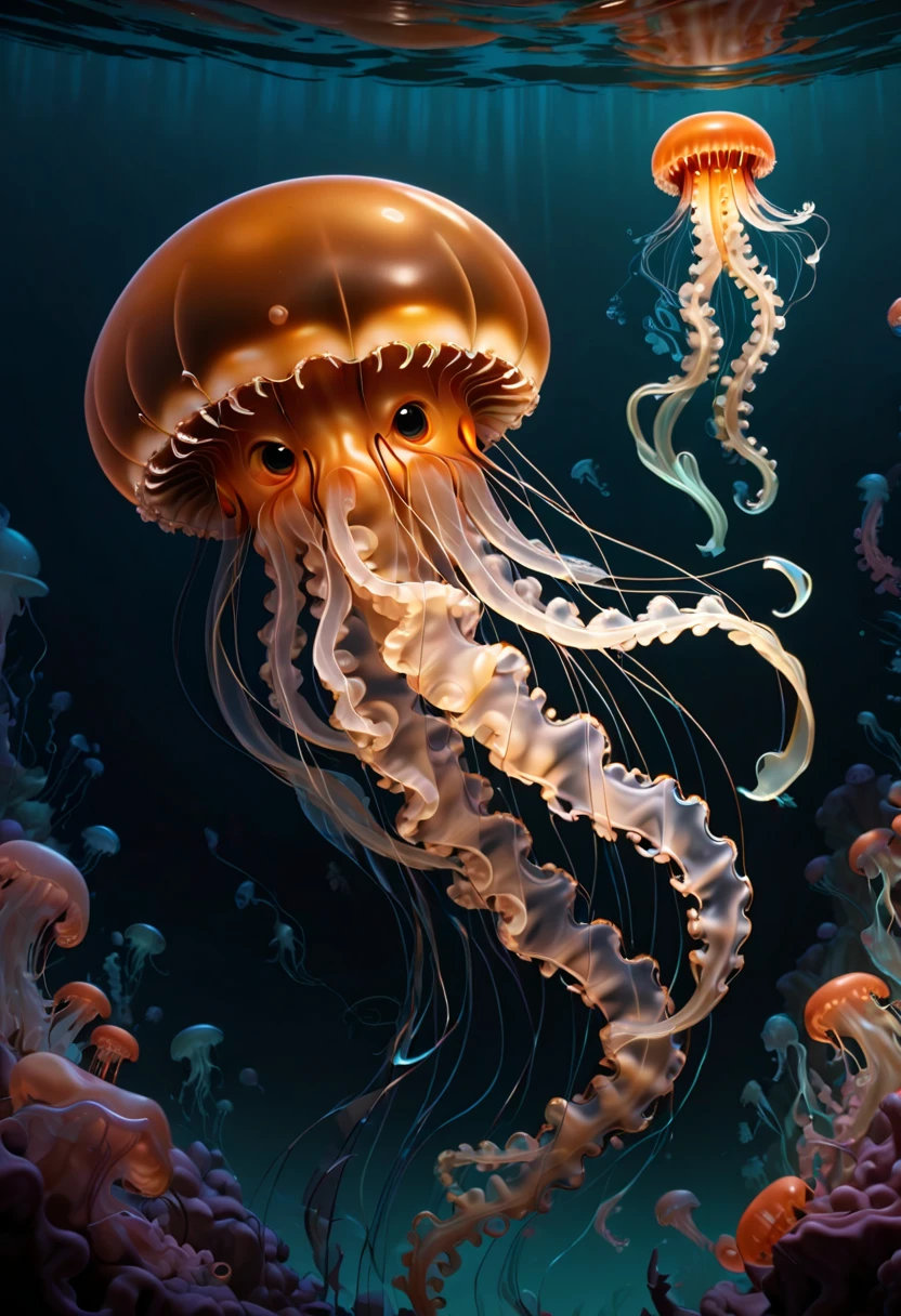 Jellyfish, Capture the ethereal dance of light and shadow in a stunning monochromatic photograph with selective color details, revealing the hidden poetry of Bioluminescence, undersea, (realistic, photorealistic, RAWphoto:1.2), octane render, (best quality, masterpiece, Representative work, official art, Professional, Ultra intricate detailed, 8k:1.3)