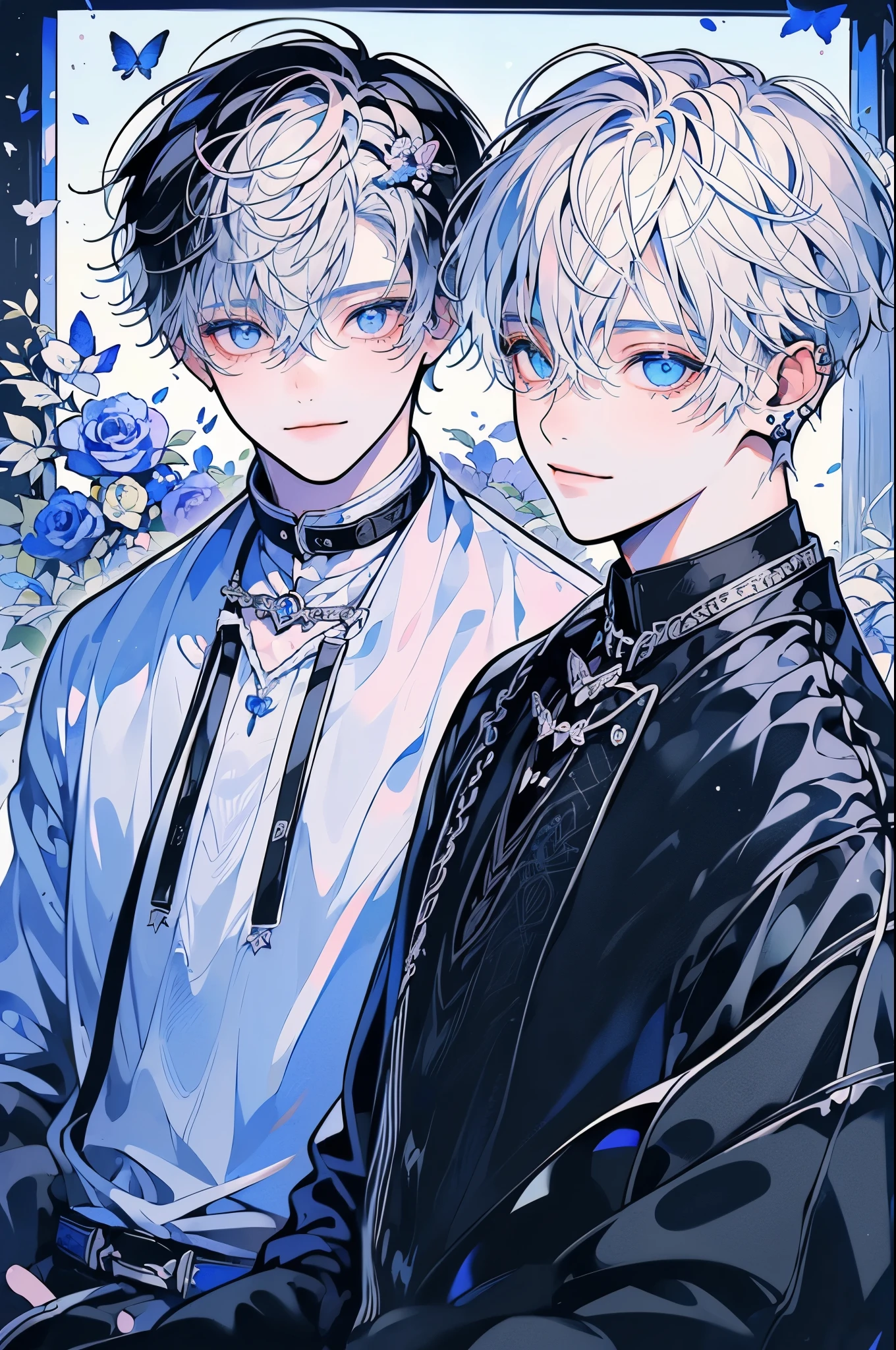 (muste piece), (highest quality), very detailed, (two boys:1.4), concentrated,perfect face, beautiful face, very detailed顔,(blue eyes:1.3),flower,butterfly々,flowerびら,Light,(smile:1.3),(white haired boy:1.4),(black haired boy:1.4)